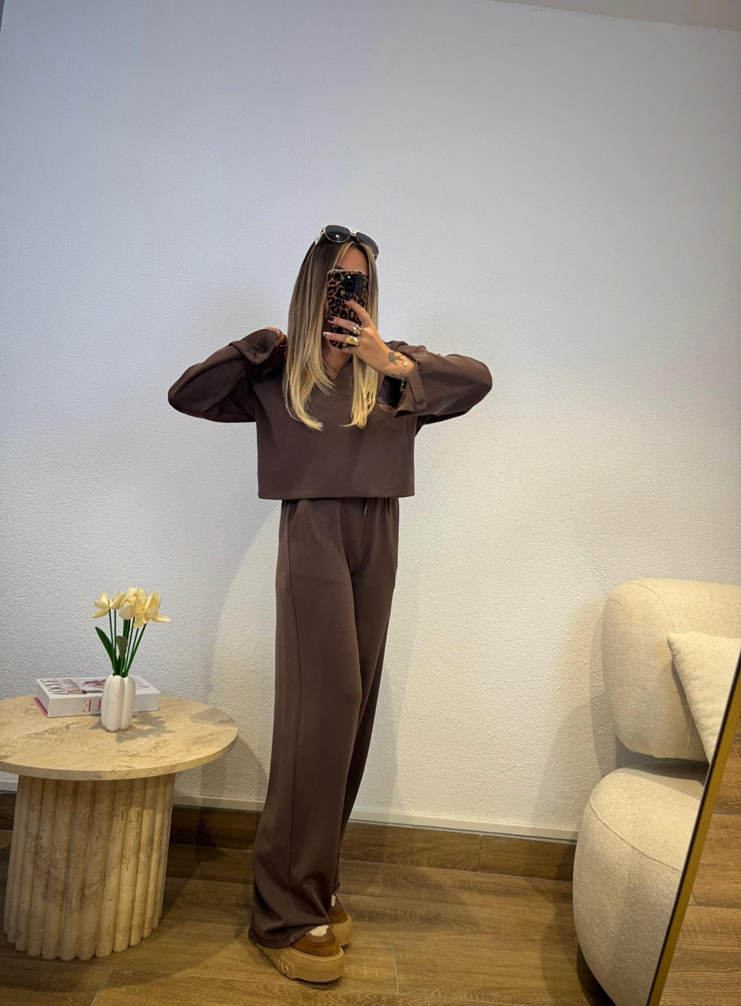 Polo Yaka Kolları Yırtmaçlı Modal Kahve Takım