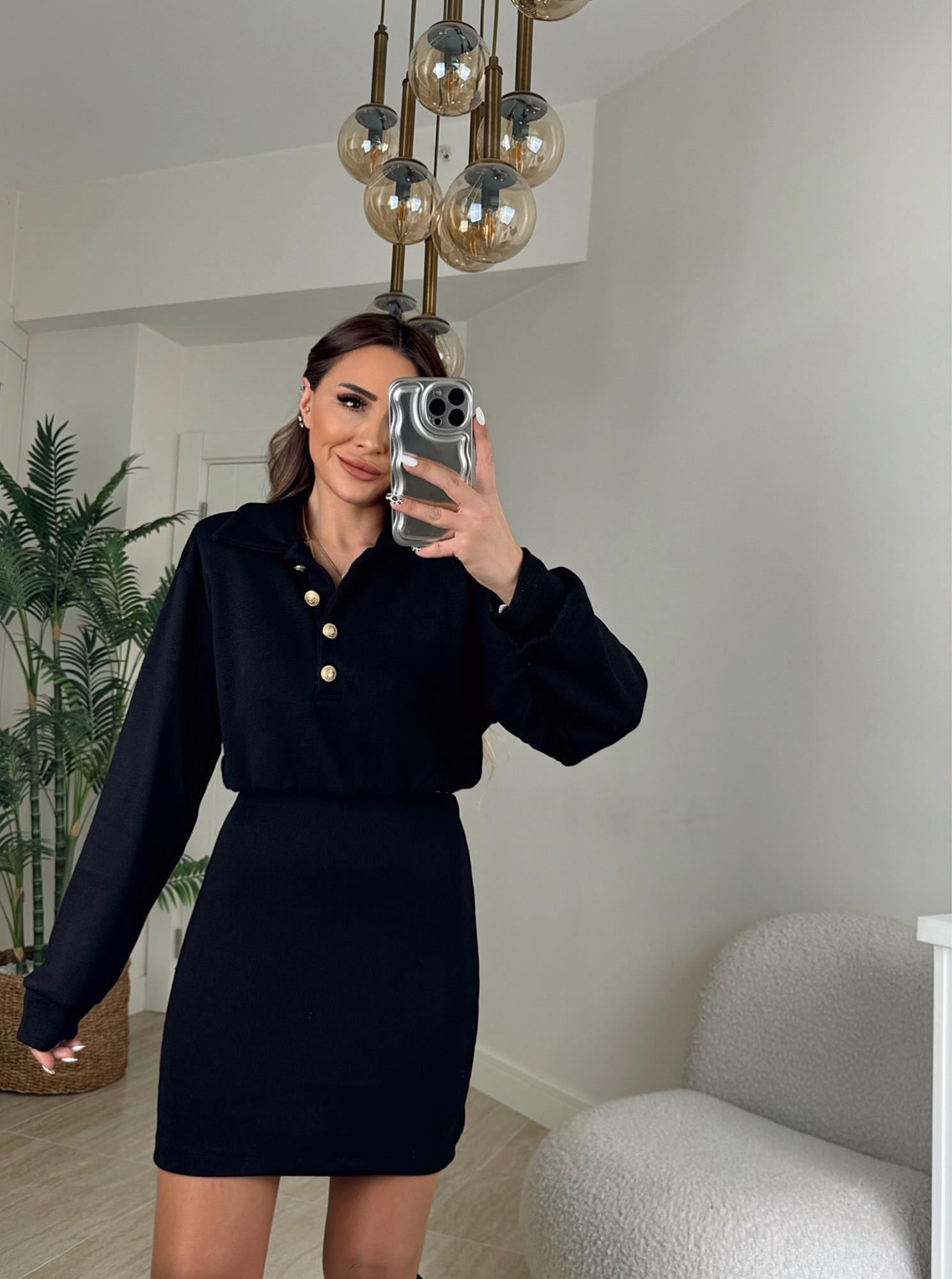 Polo Yaka Vatkalı Siyah Triko Takım