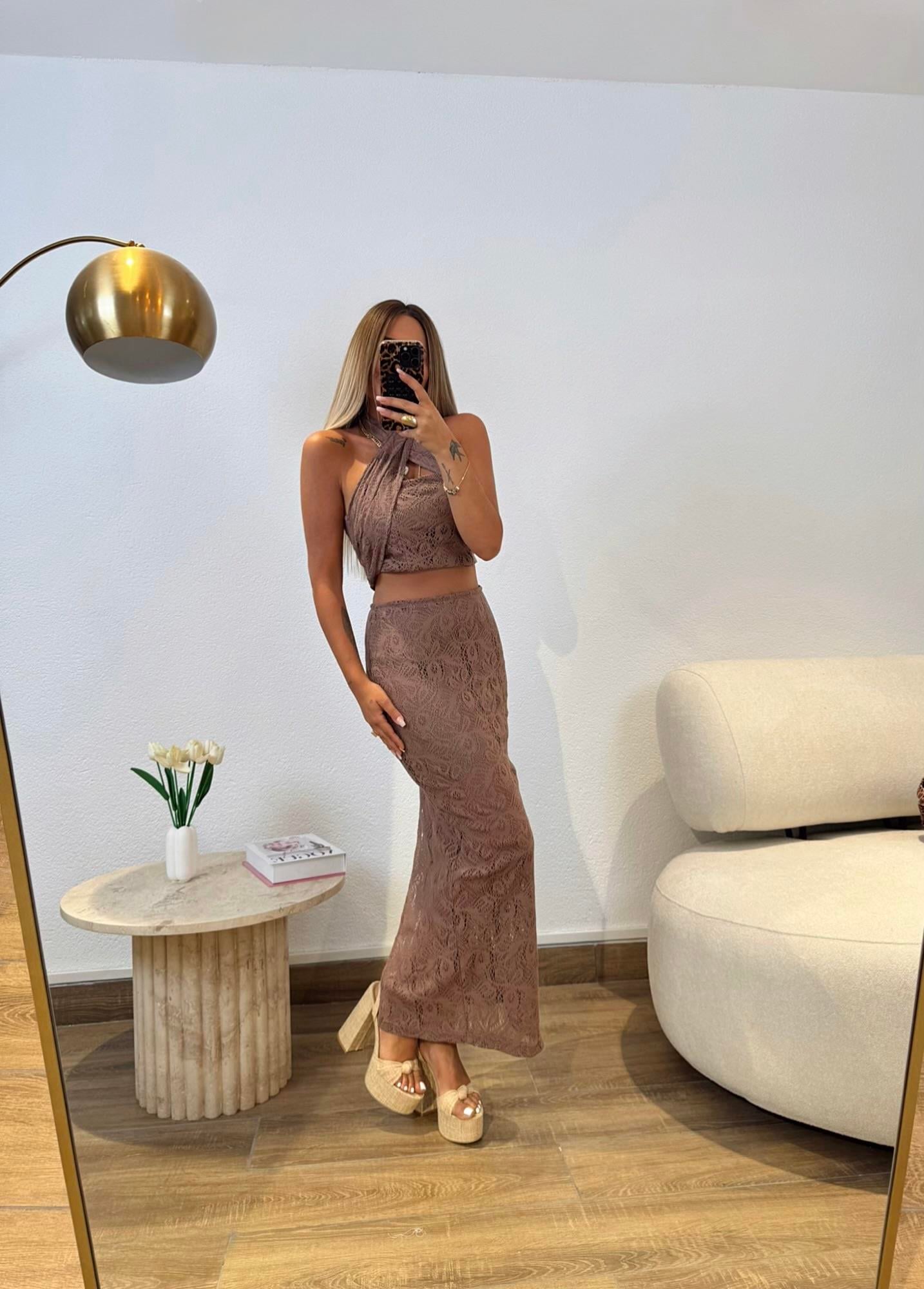 Premium Güpür Crop-Etek Kahve Takım