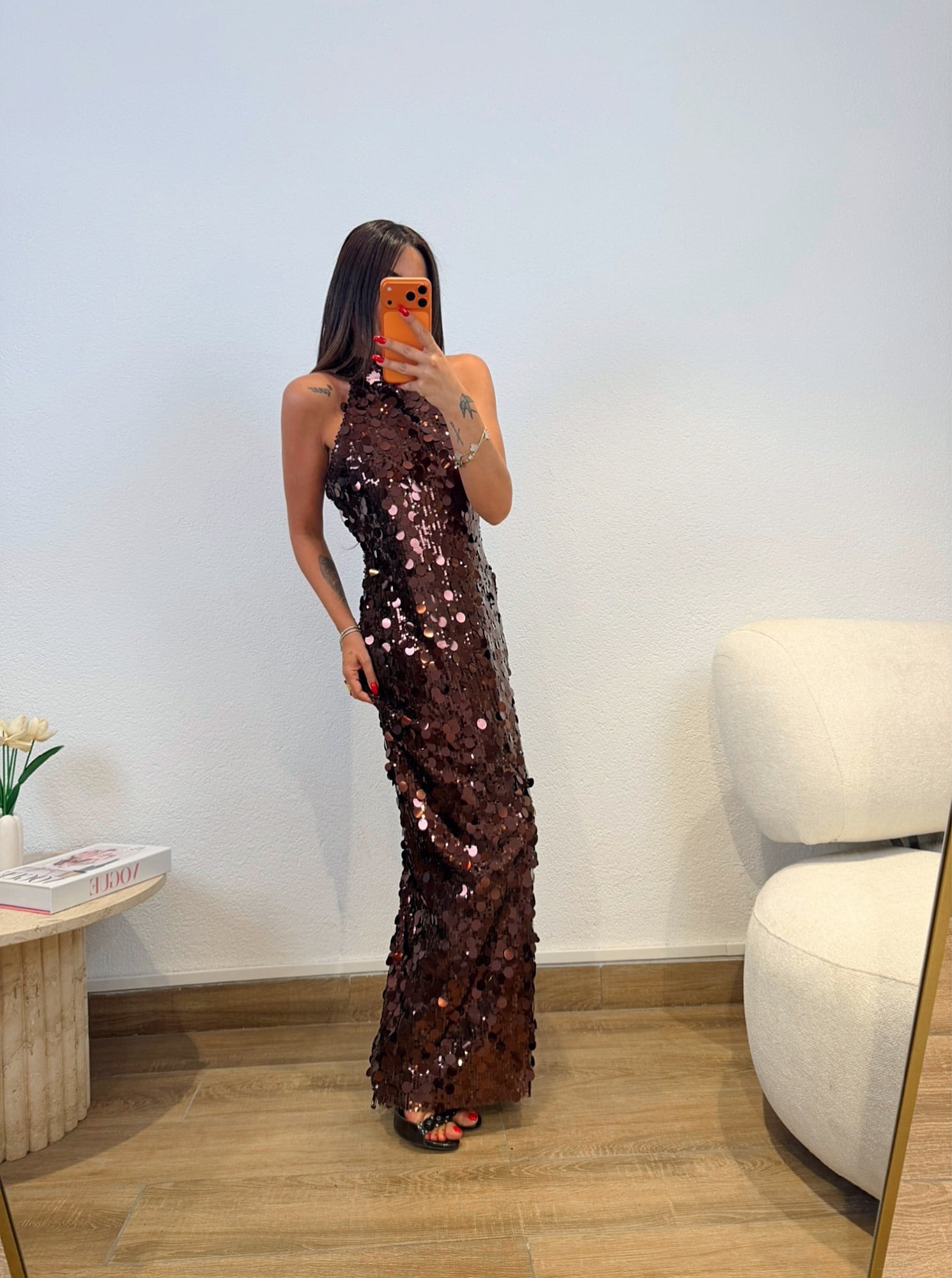 Premium Halter Payetli Kahve Midi Boy Elbise