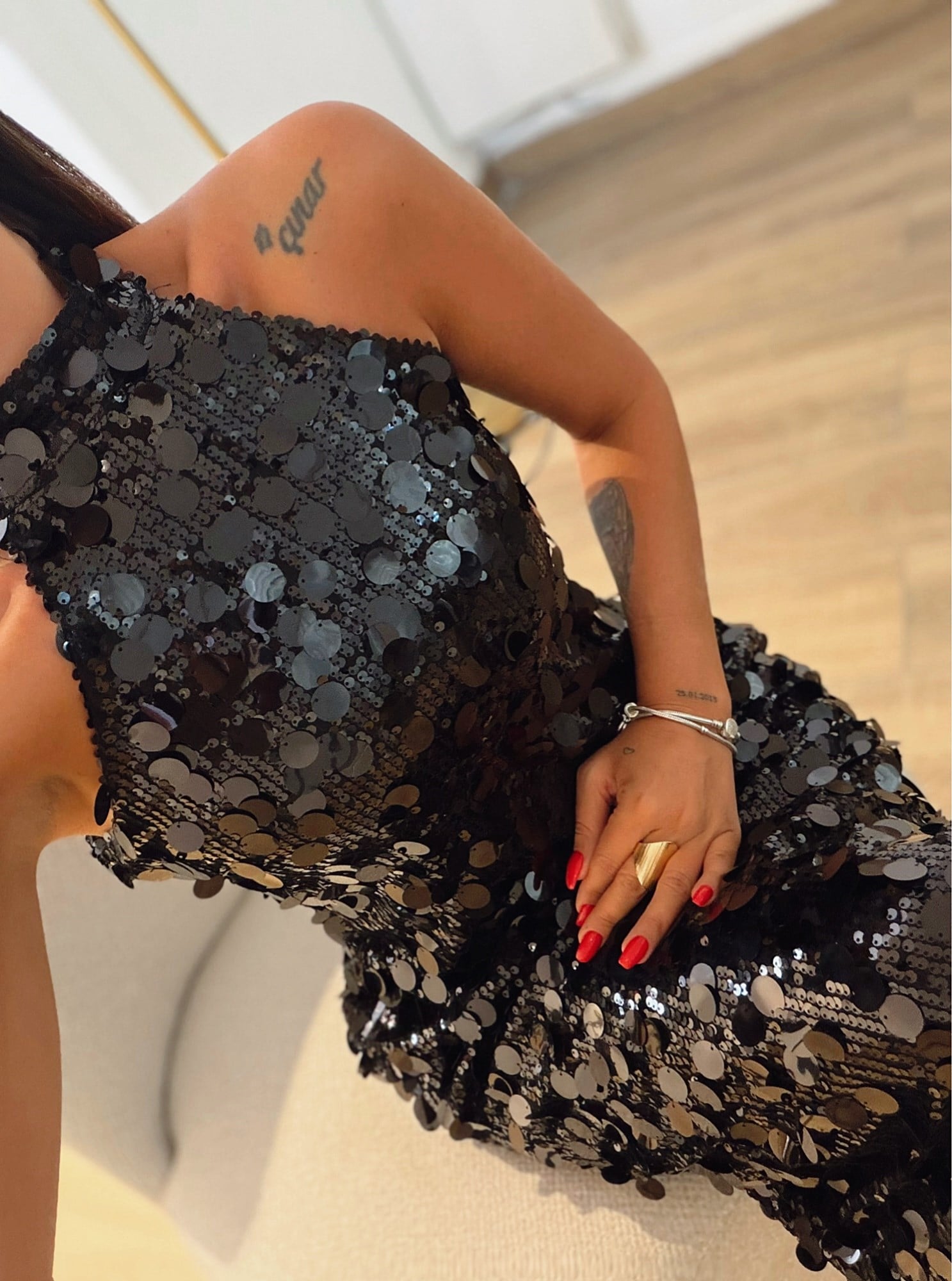 Premium Halter Payetli Siyah Midi Boy Elbise