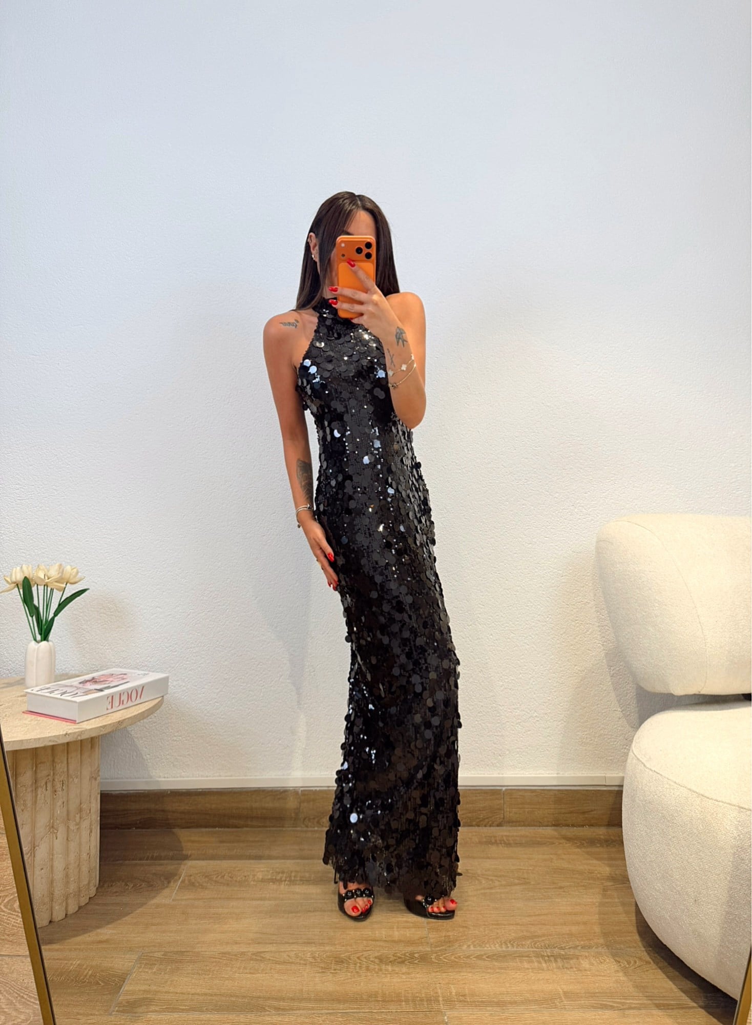 Premium Halter Payetli Siyah Midi Boy Elbise