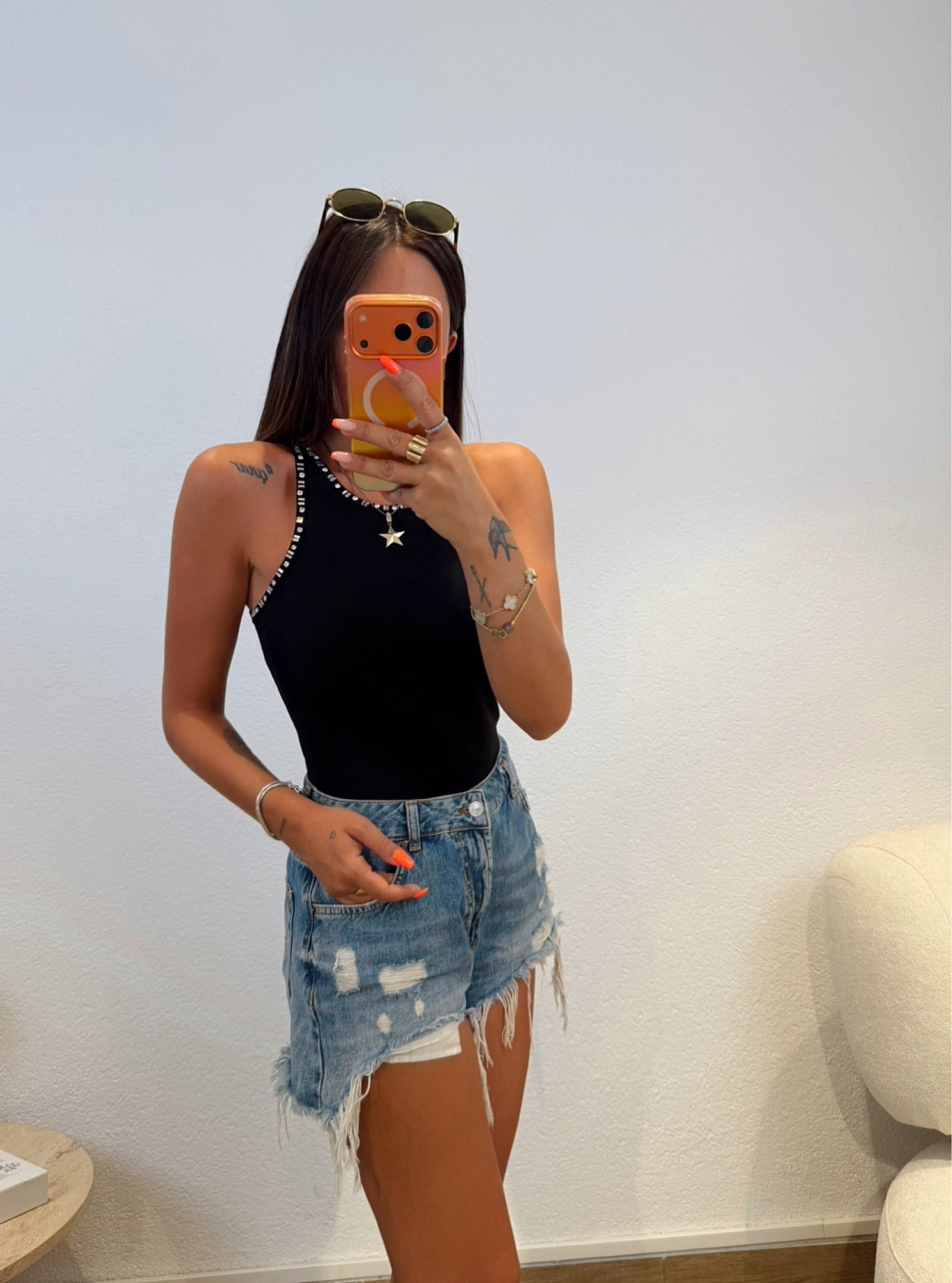Premium Halter Yaka Taşlı Siyah Atlet