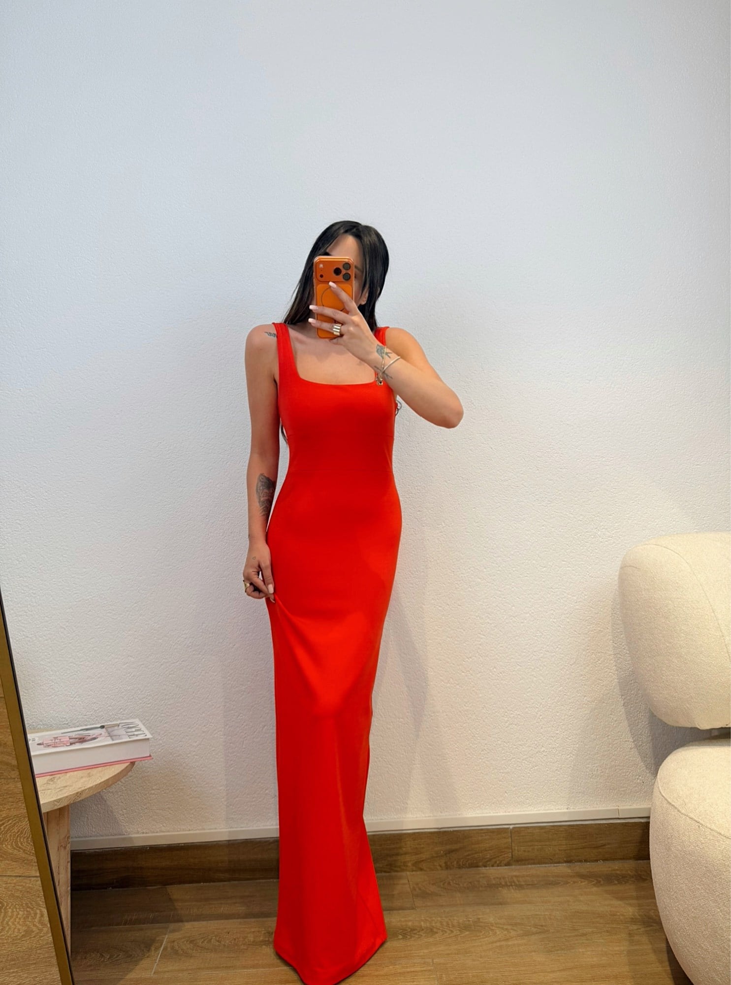 Premium Kalın Askılı Kare Yaka Nar Çiçeği Maxi Boy Elbise