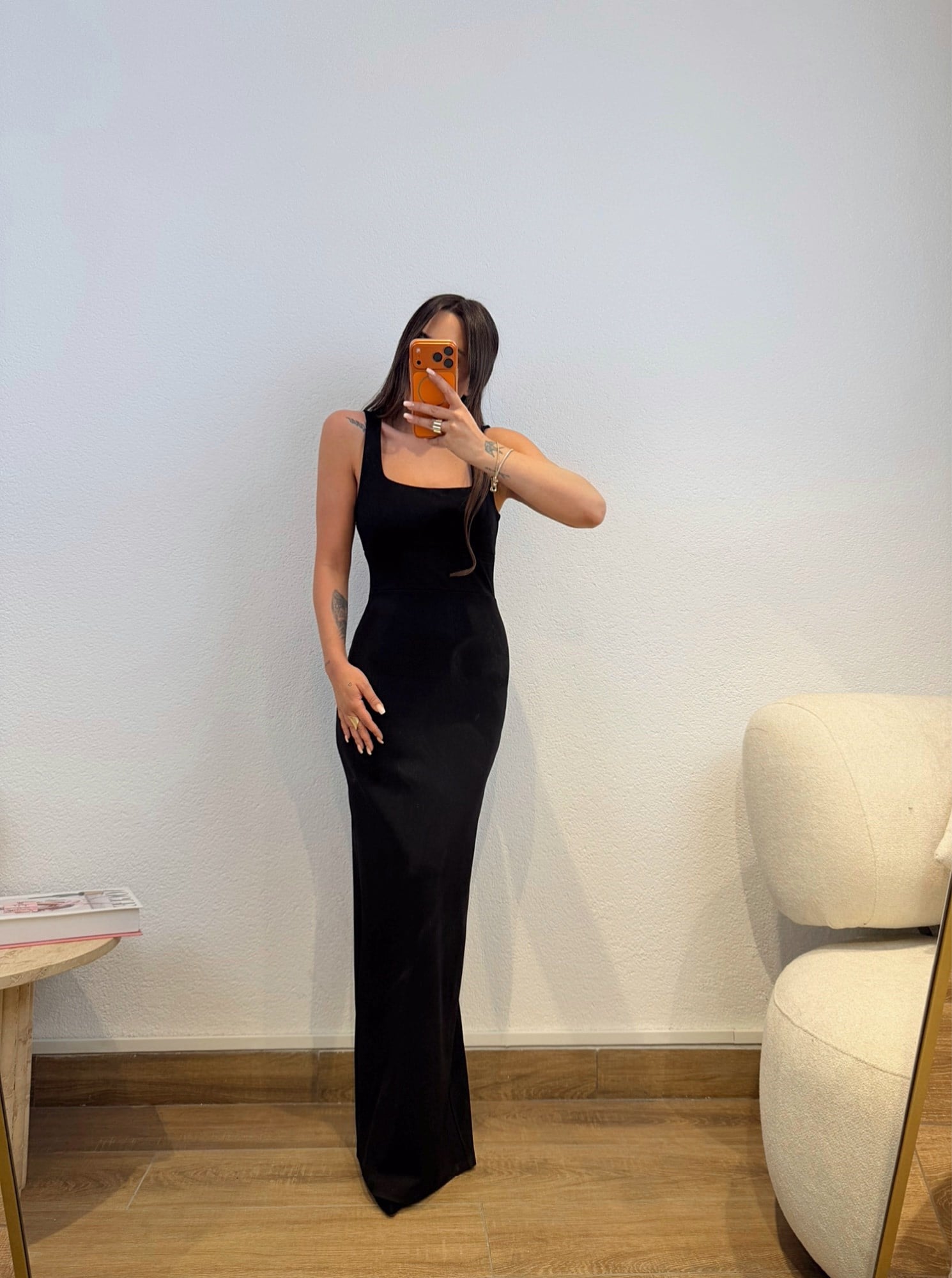 Premium Kalın Askılı Kare Yaka Siyah Maxi Boy Elbise