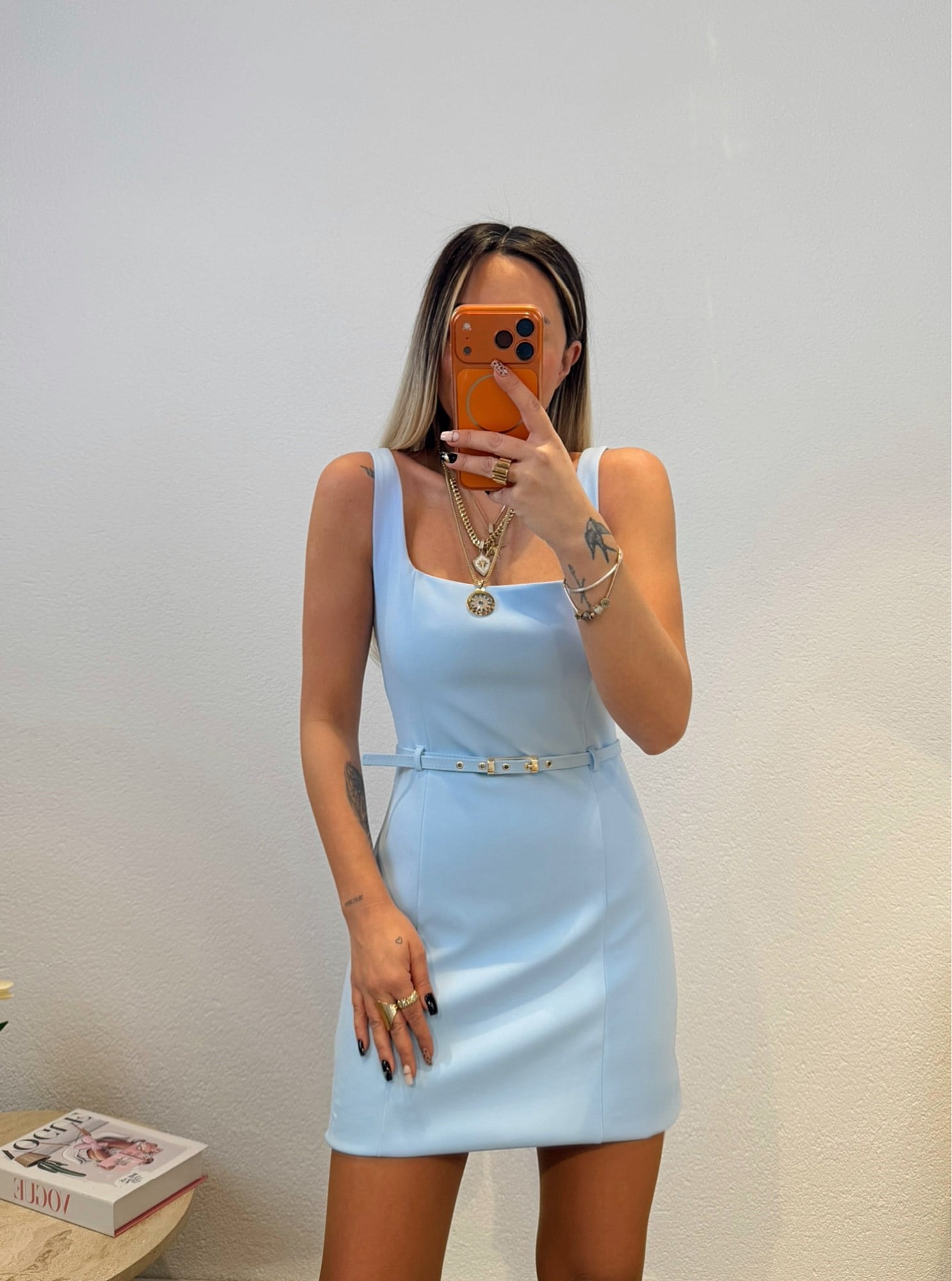 Premium Kalın Askılı Kemerli Bebe Mavi Mini Elbise
