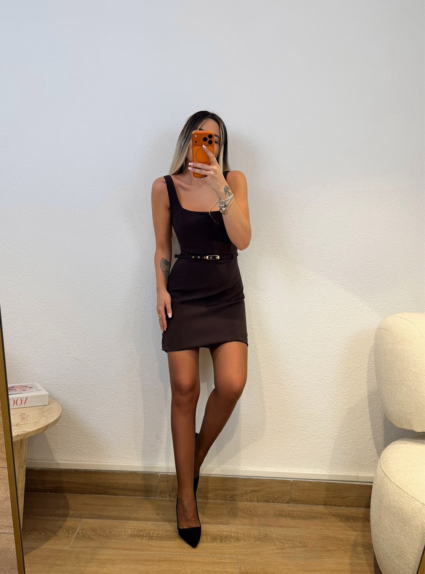 Premium Kalın Askılı Kemerli Kahve Mini Elbise