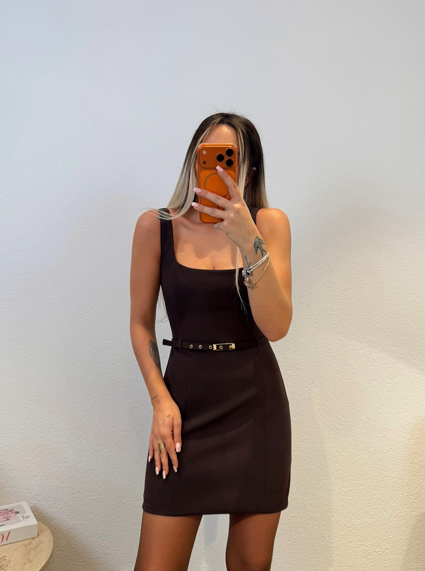 Premium Kalın Askılı Kemerli Kahve Mini Elbise