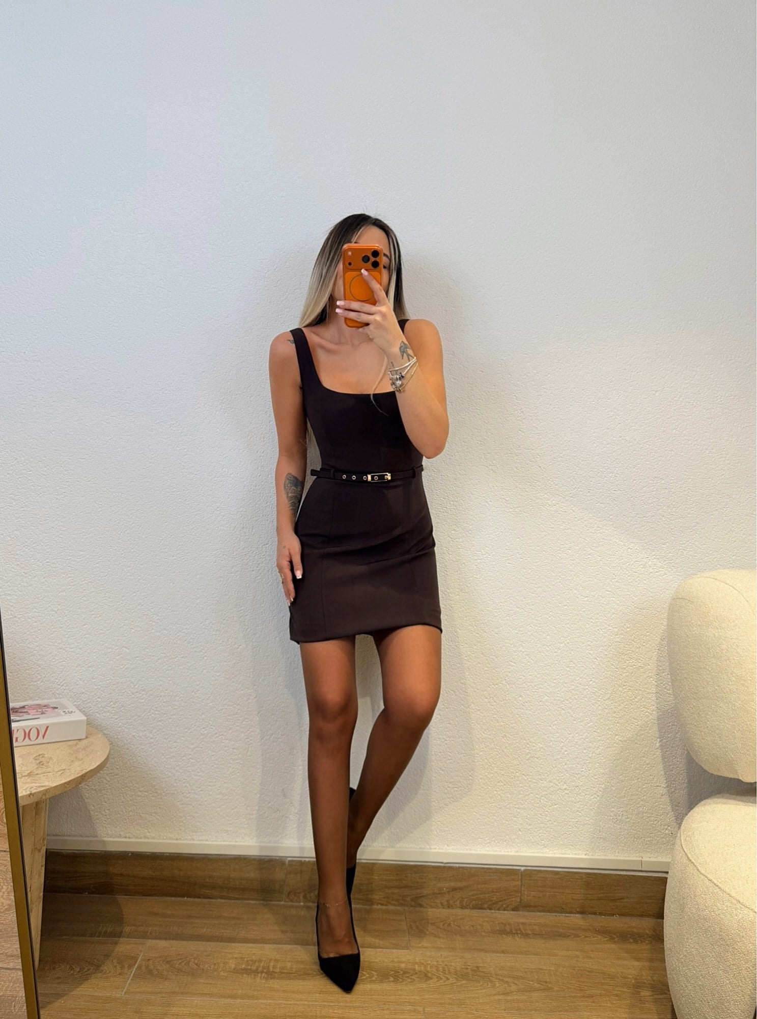 Premium Kalın Askılı Kemerli Kahve Mini Elbise