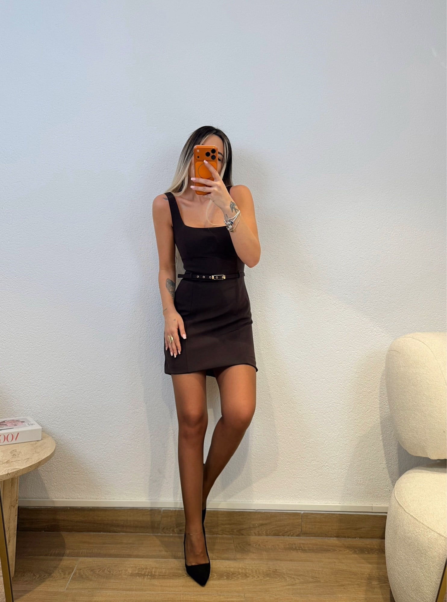 Premium Kalın Askılı Kemerli Kahve Mini Elbise
