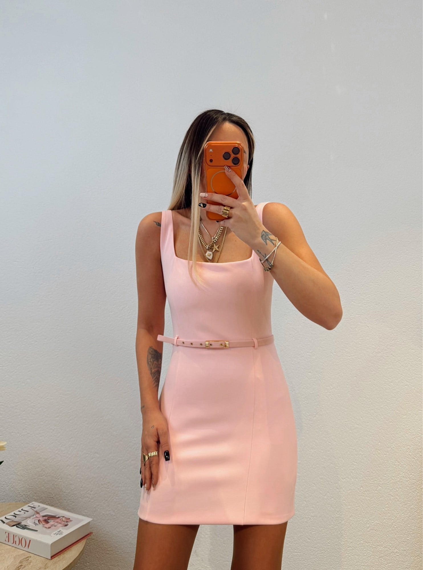 Premium Kalın Askılı Kemerli Pembe Mini Elbise