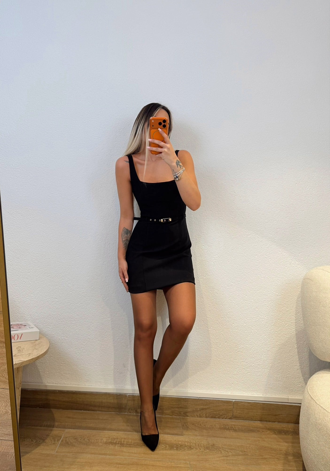 Premium Kalın Askılı Kemerli Siyah Mini Elbise