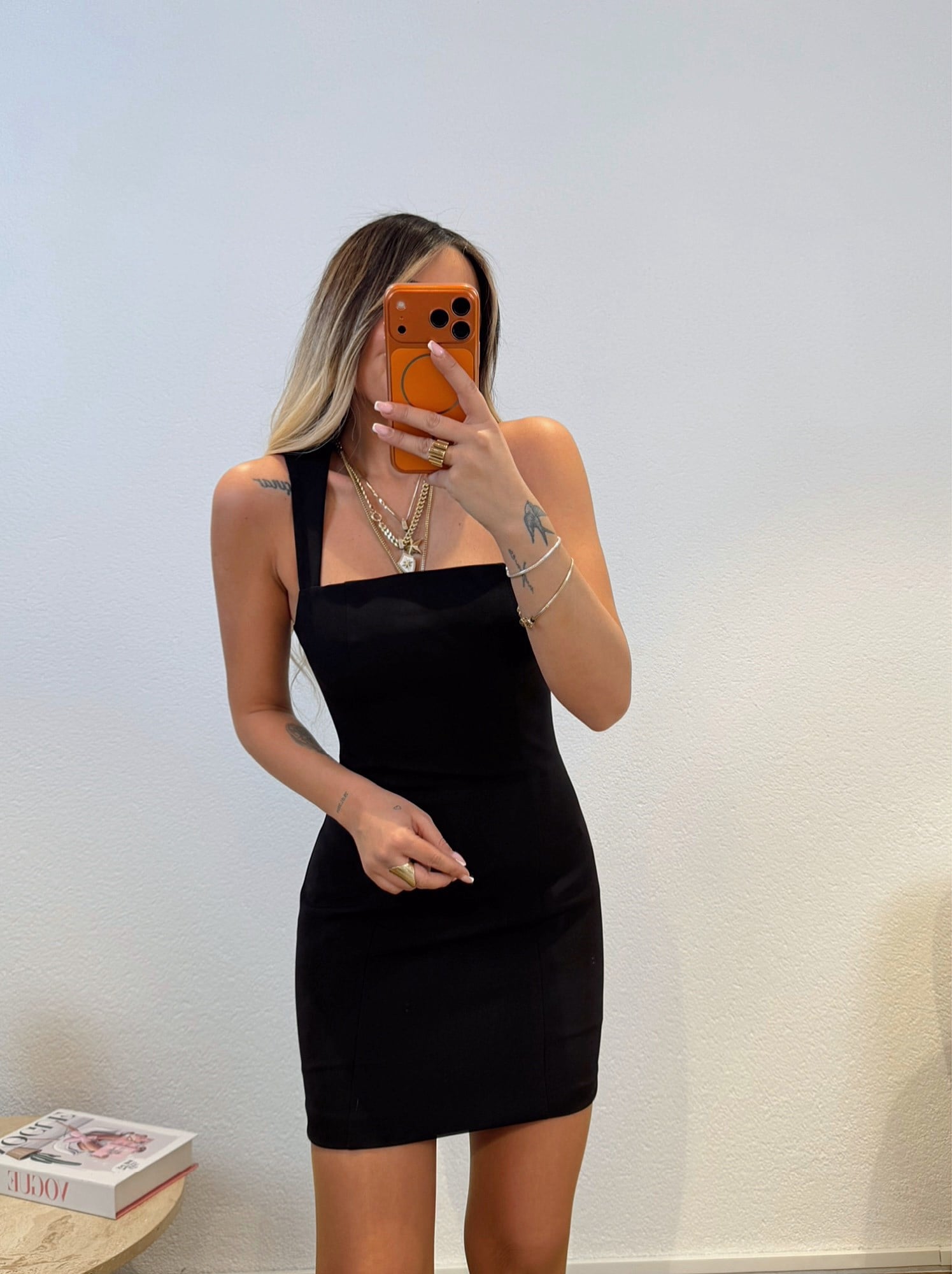 Premium Kare Yaka Kalın Askılı Siyah Mini Elbise