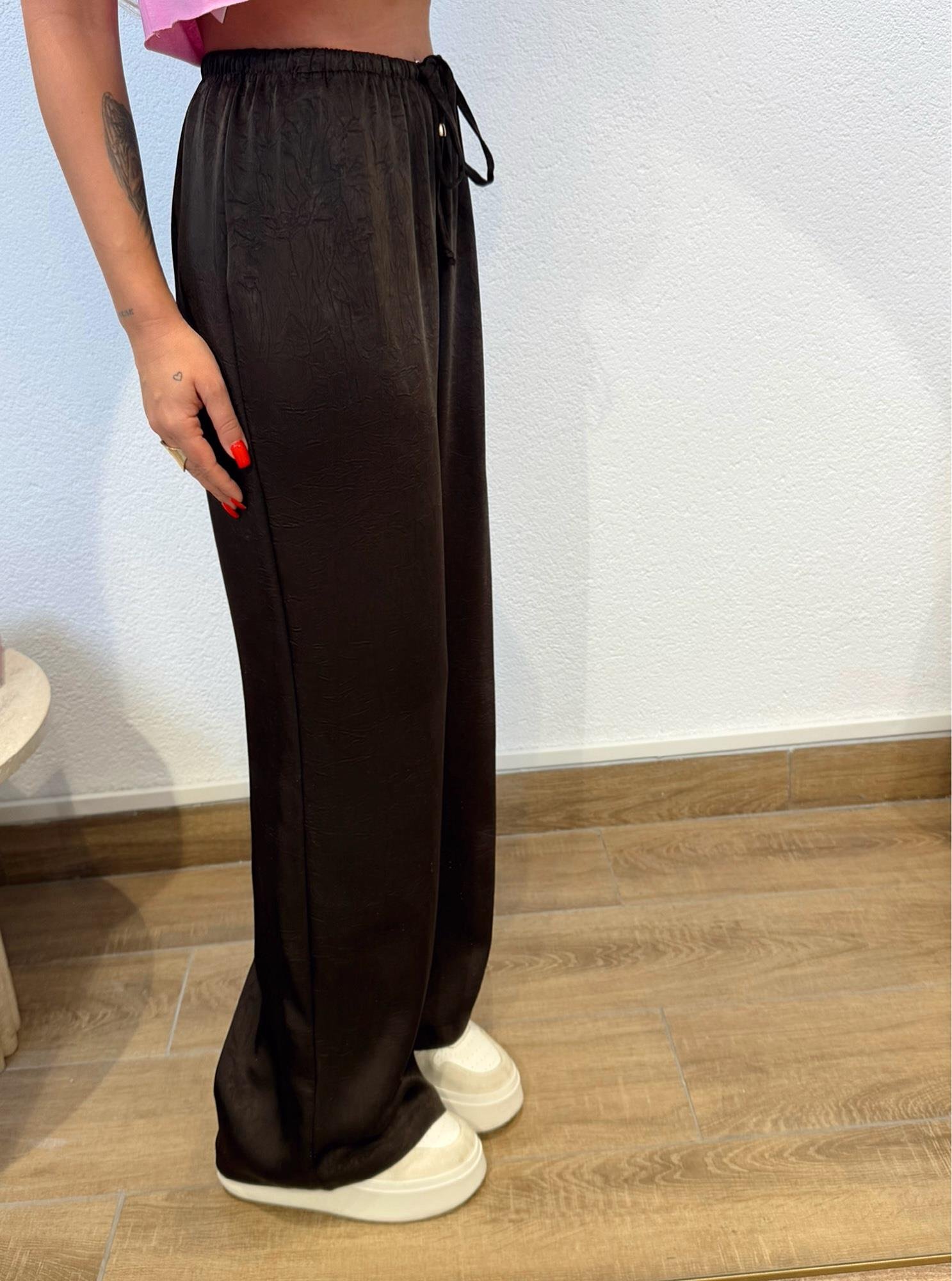 Premium Kendinden Desenli Saten Kahve Pantolon