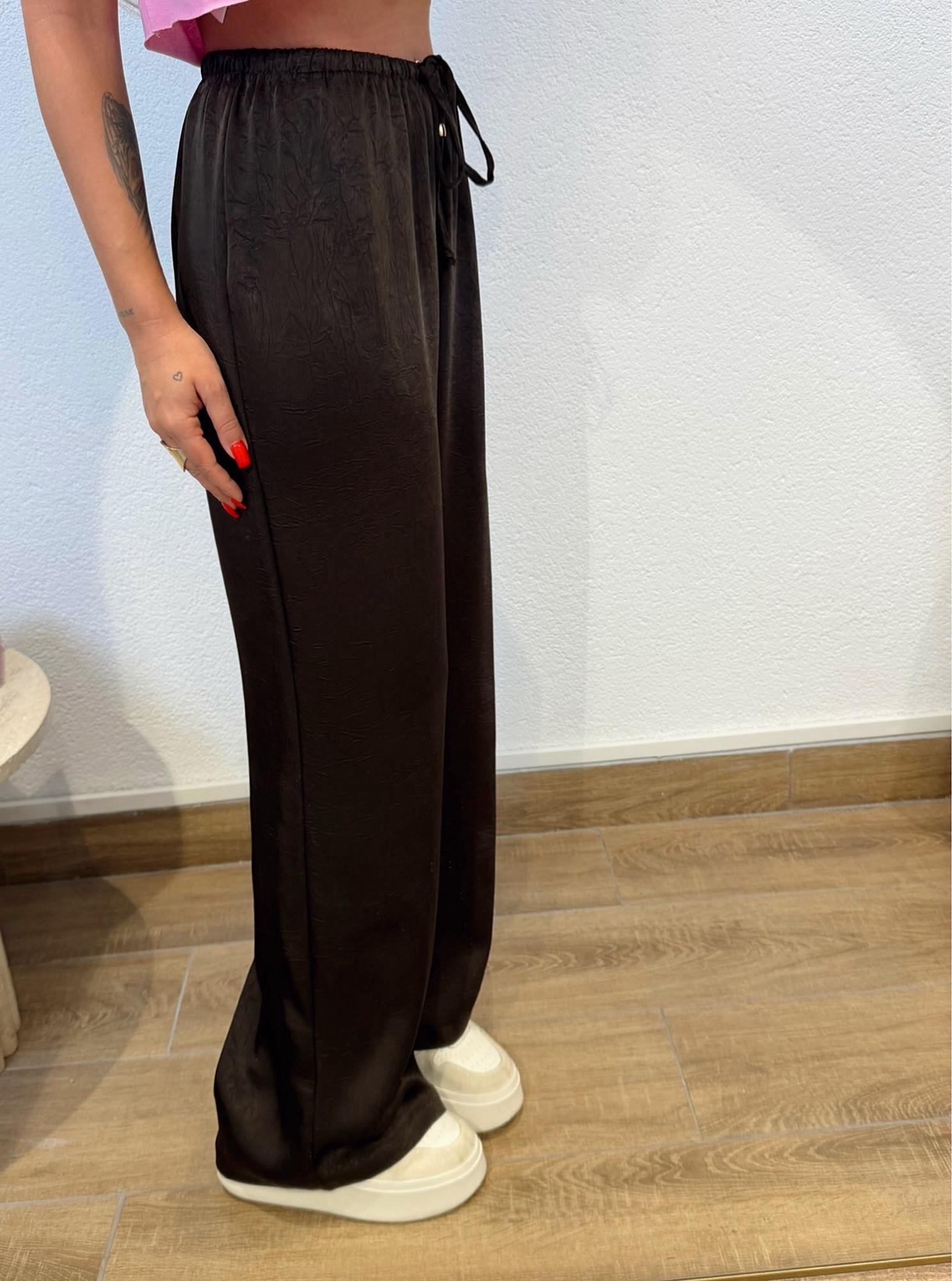 Premium Kendinden Desenli Saten Kahve Pantolon