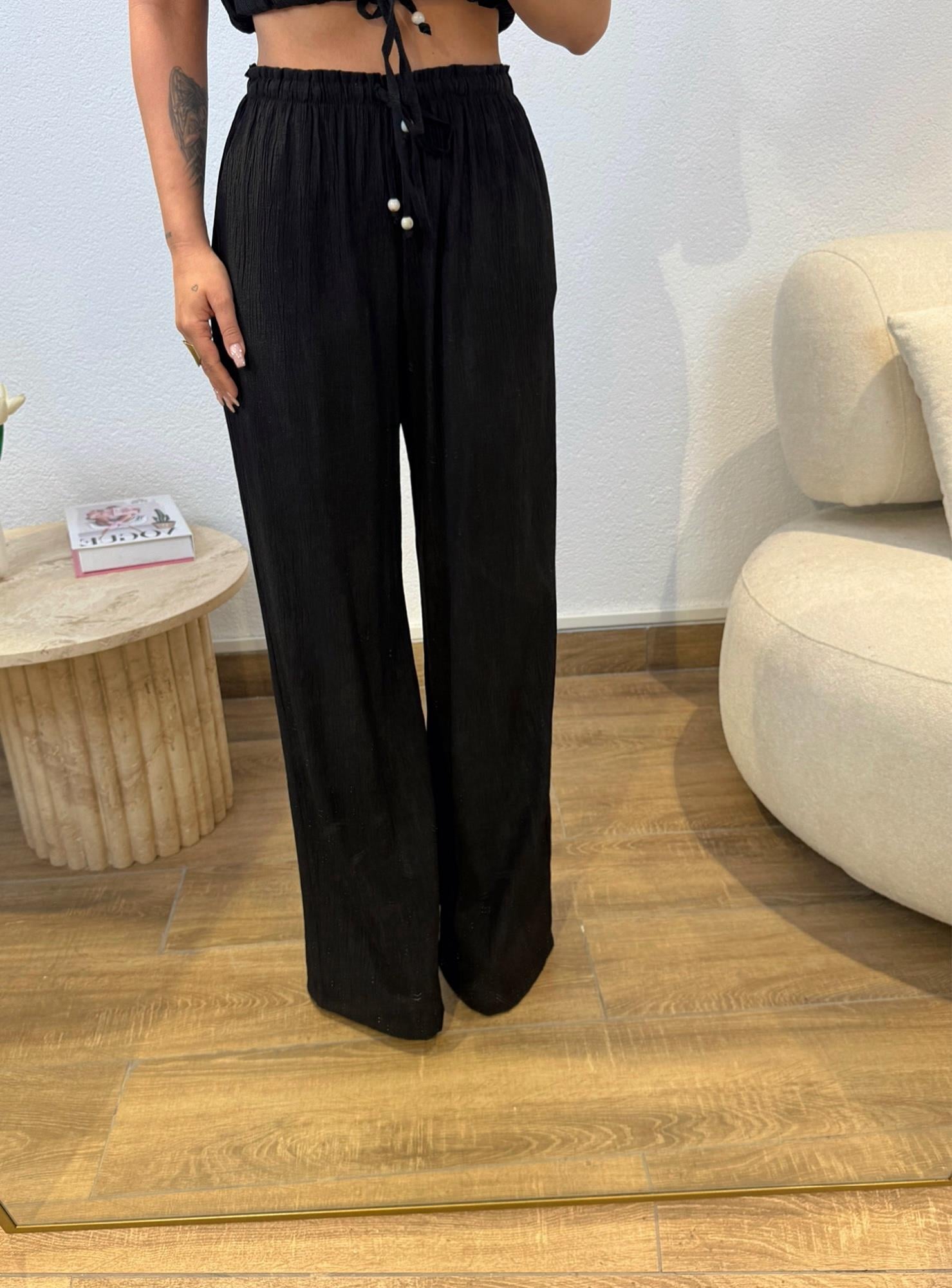 Premium Keten Crop-Pantolon Siyah Takım