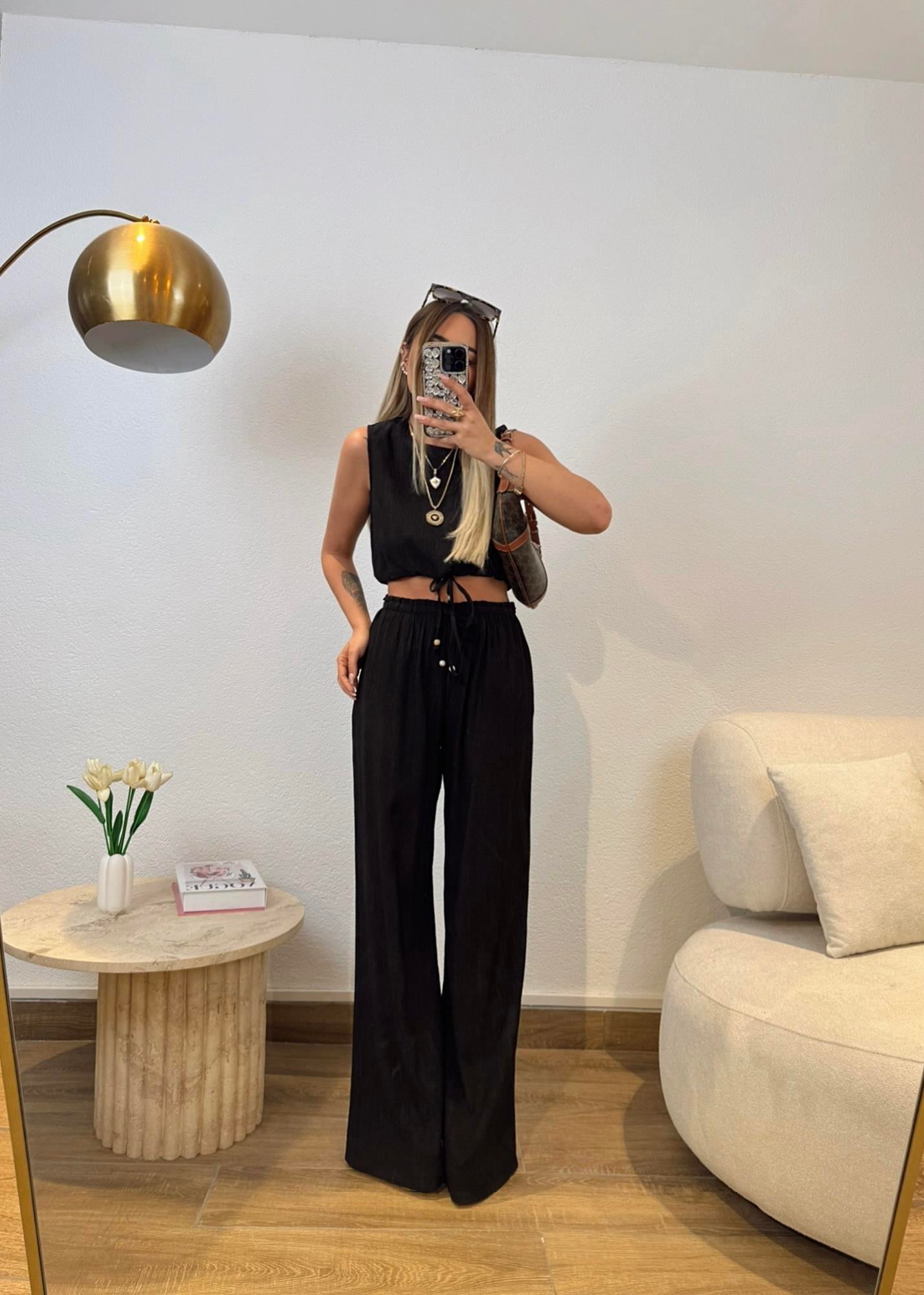 Premium Keten Crop-Pantolon Siyah Takım