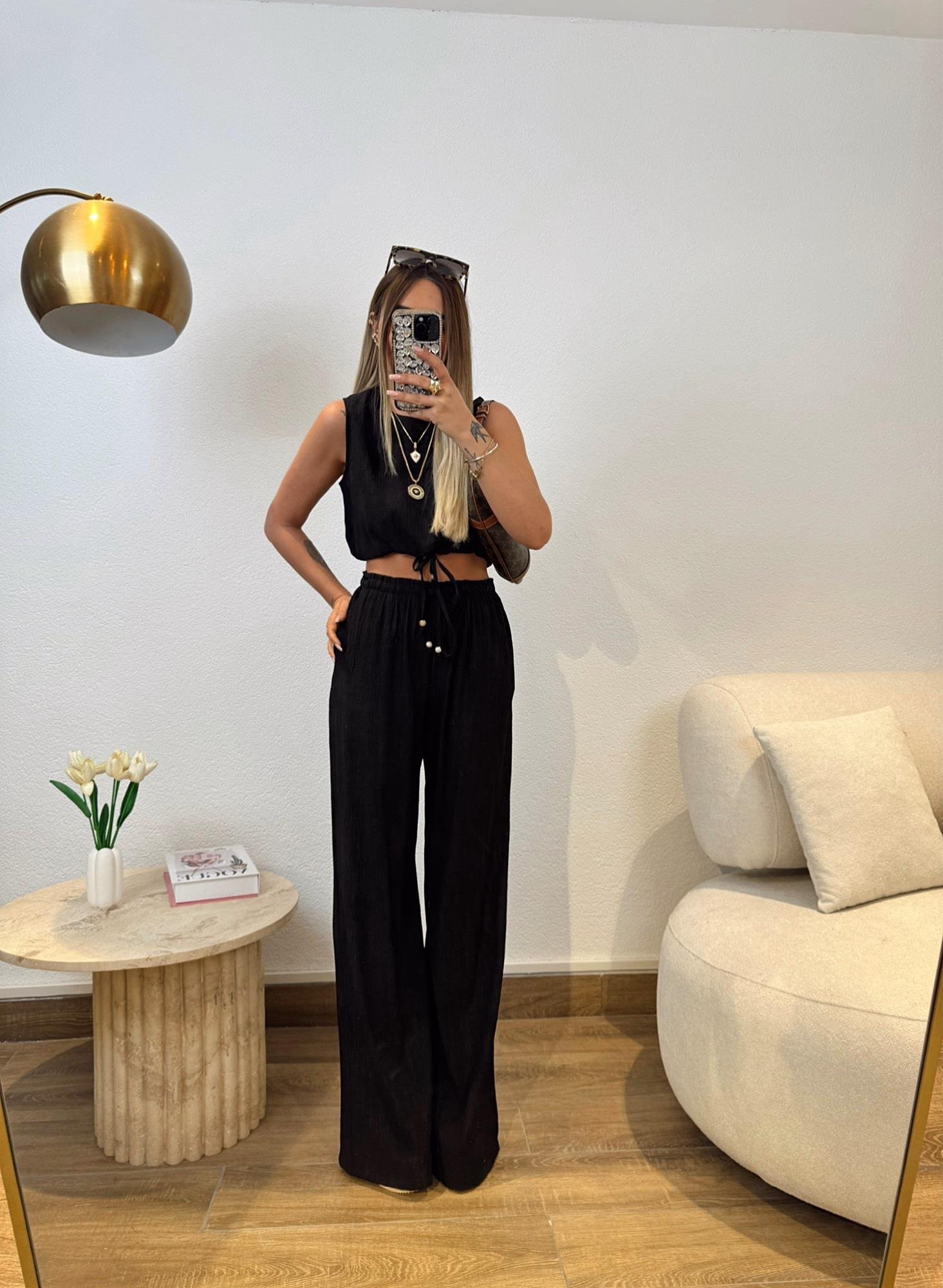 Premium Keten Crop-Pantolon Siyah Takım