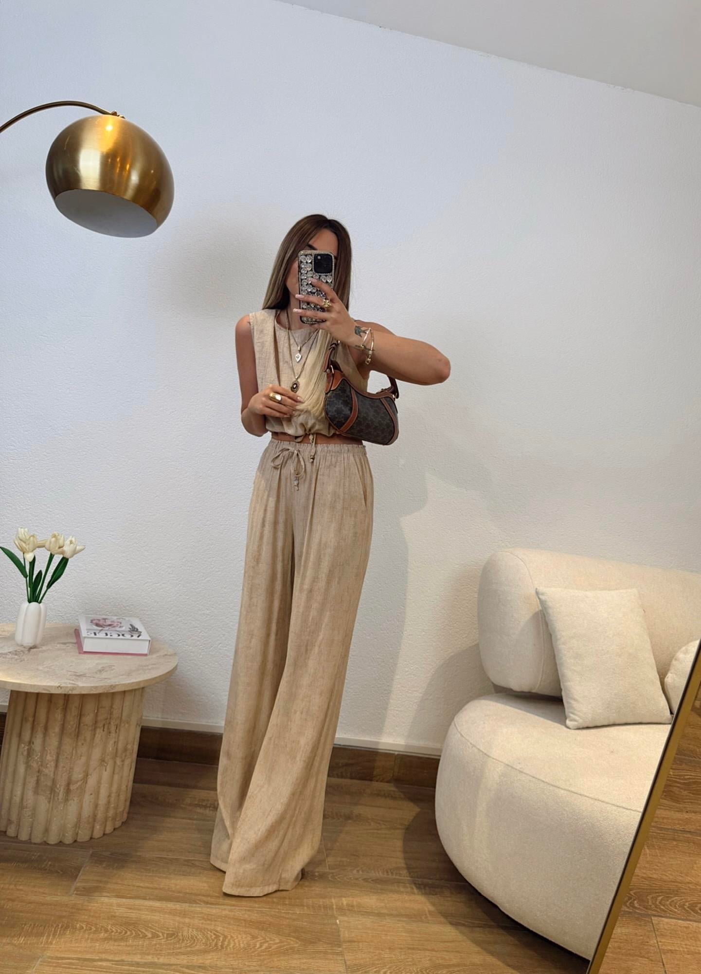 Premium Keten Crop-Pantolon Vizon Takım