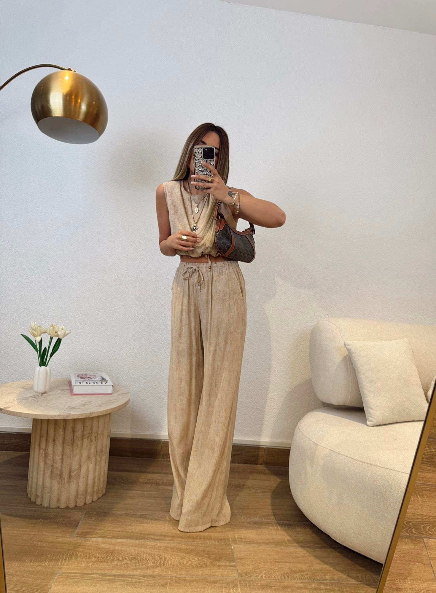 Premium Keten Crop-Pantolon Vizon Takım
