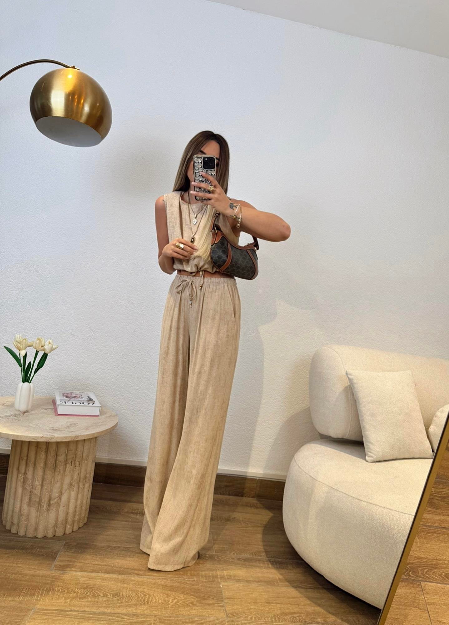 Premium Keten Crop-Pantolon Vizon Takım
