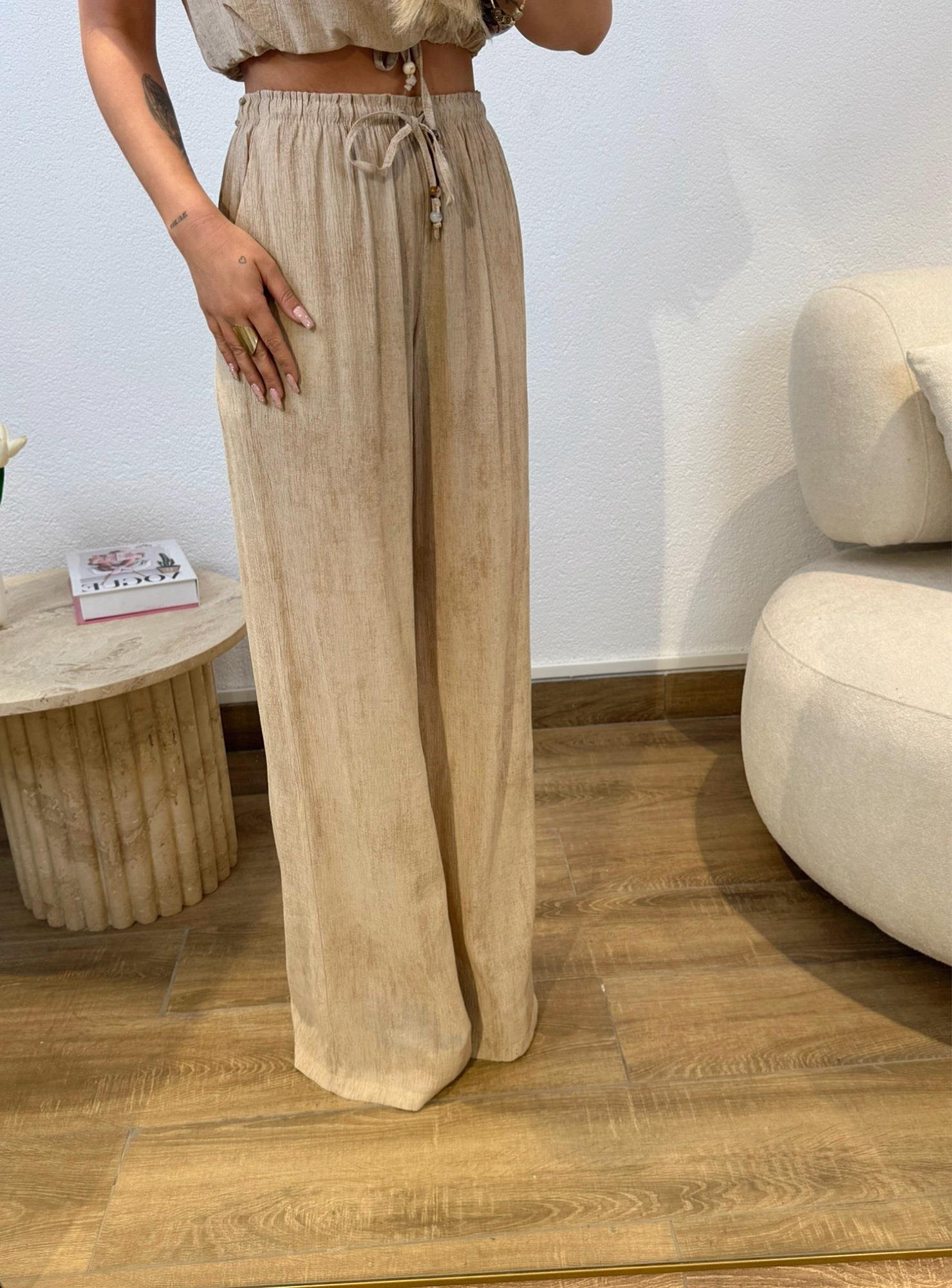 Premium Keten Crop-Pantolon Vizon Takım