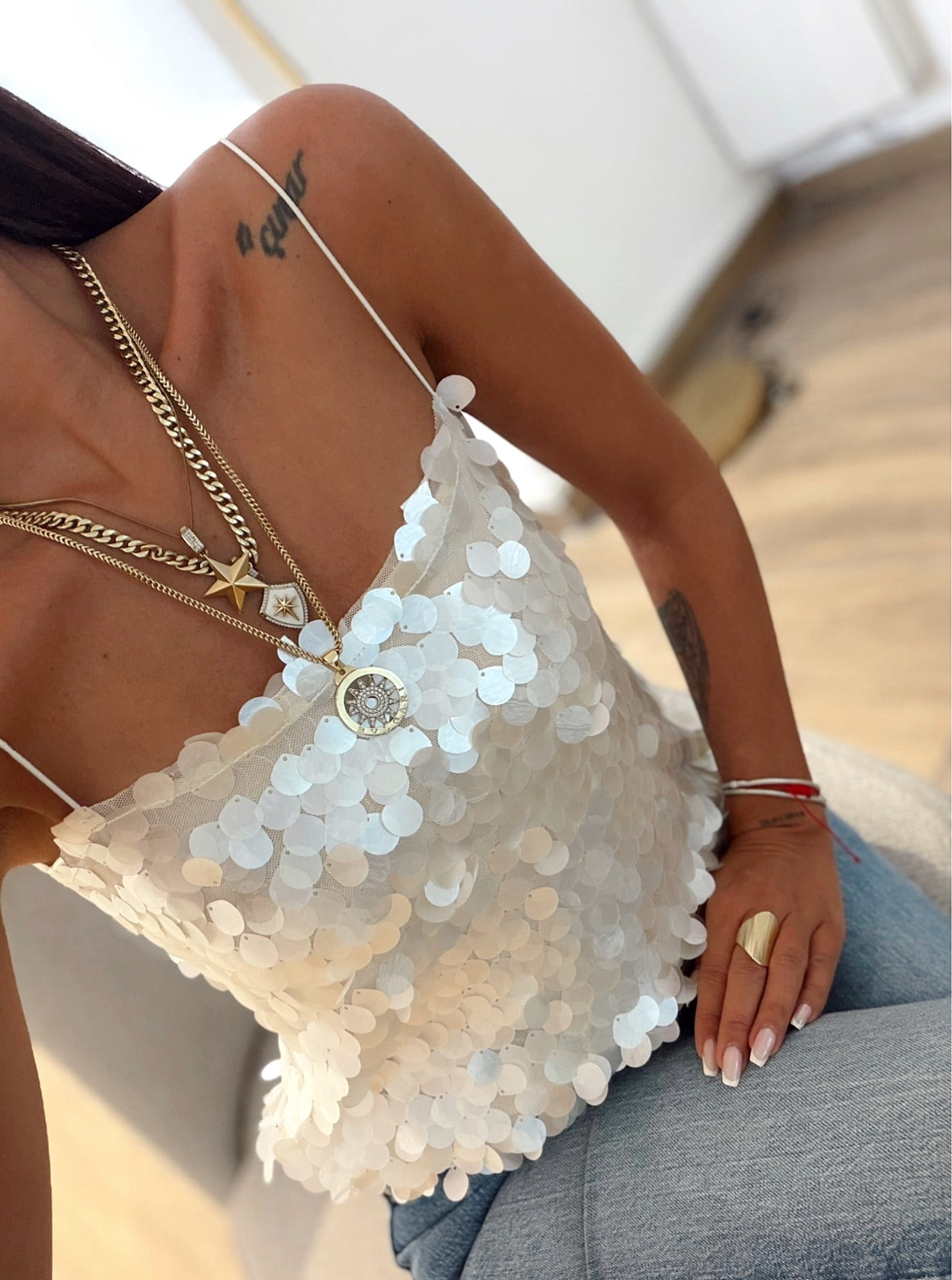 Premium Lastik Askılı Ekru İri Payetli Bluz