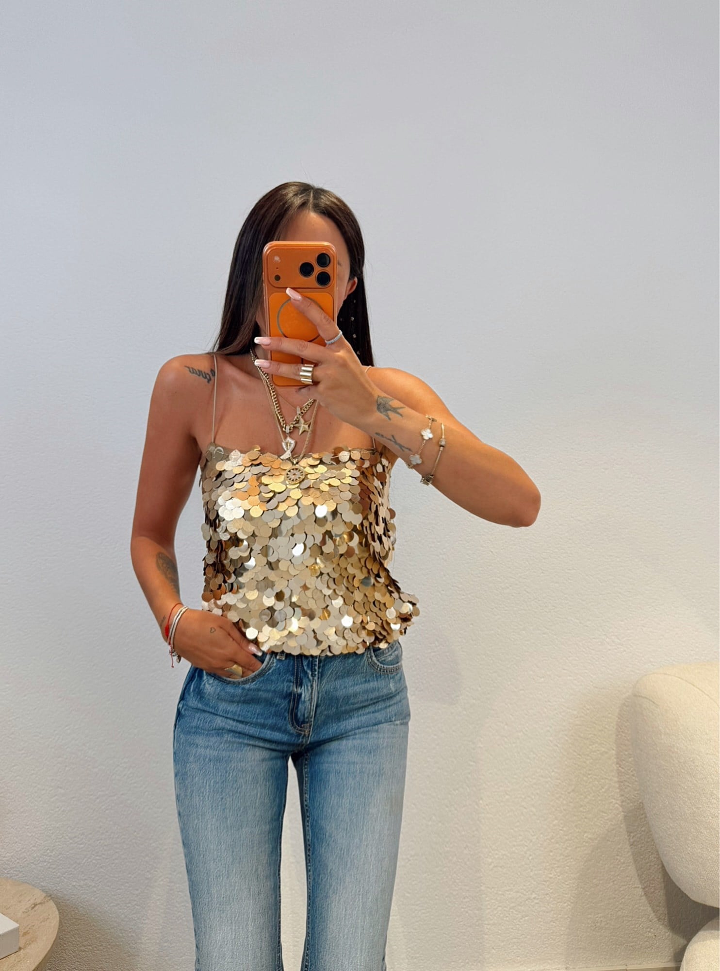 Premium Lastik Askılı Gold İri Payetli Bluz