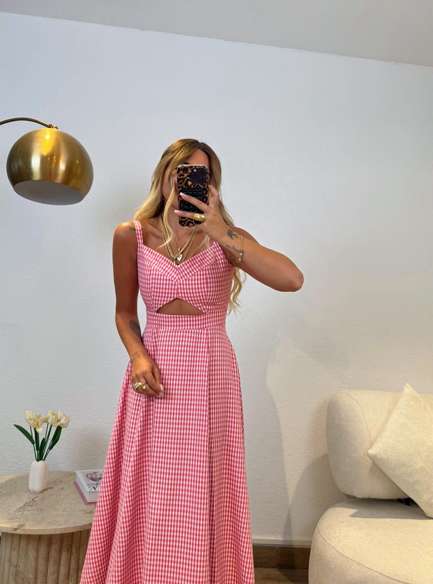 Premium Pembe Pötikare Midi Elbise