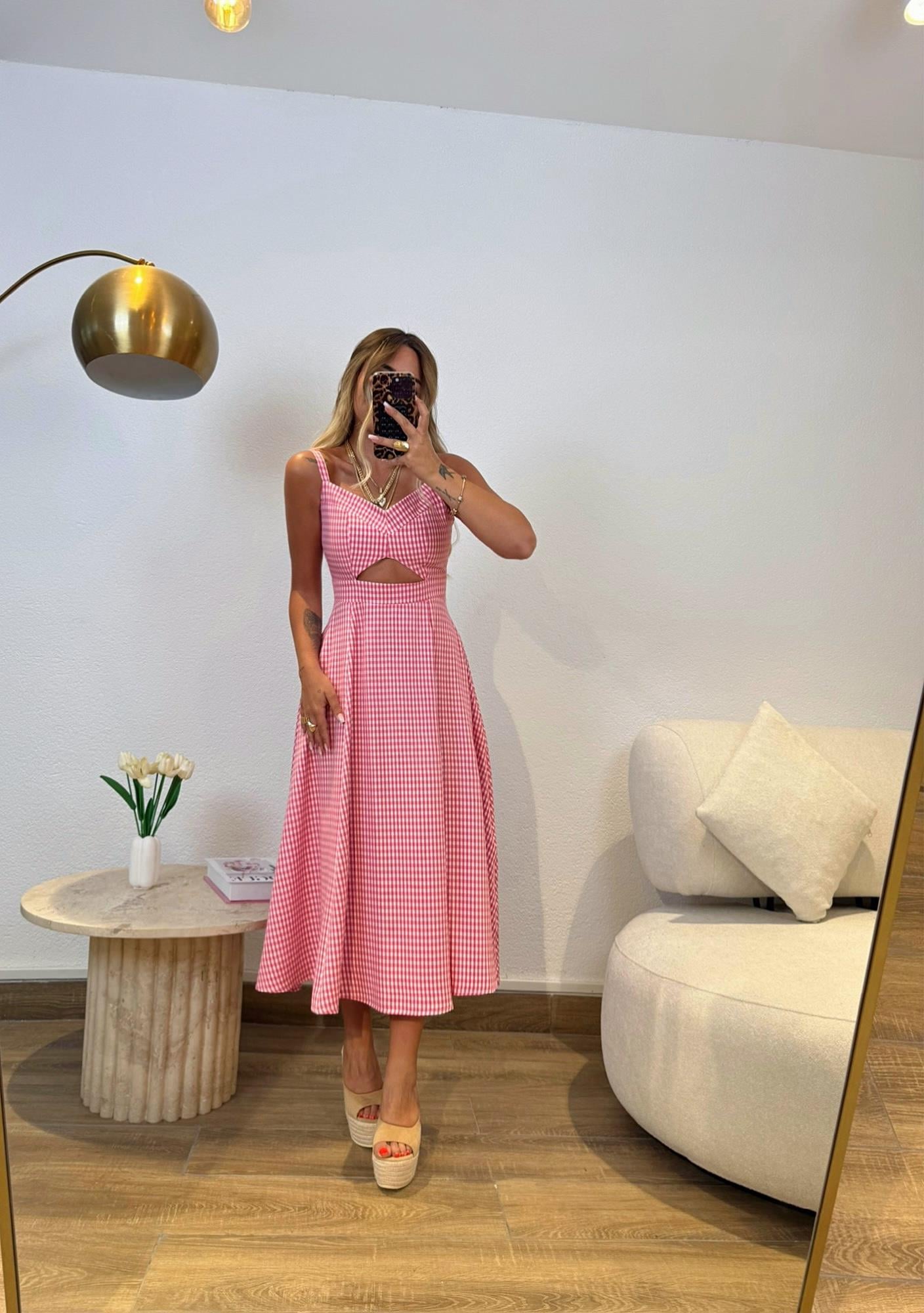 Premium Pembe Pötikare Midi Elbise