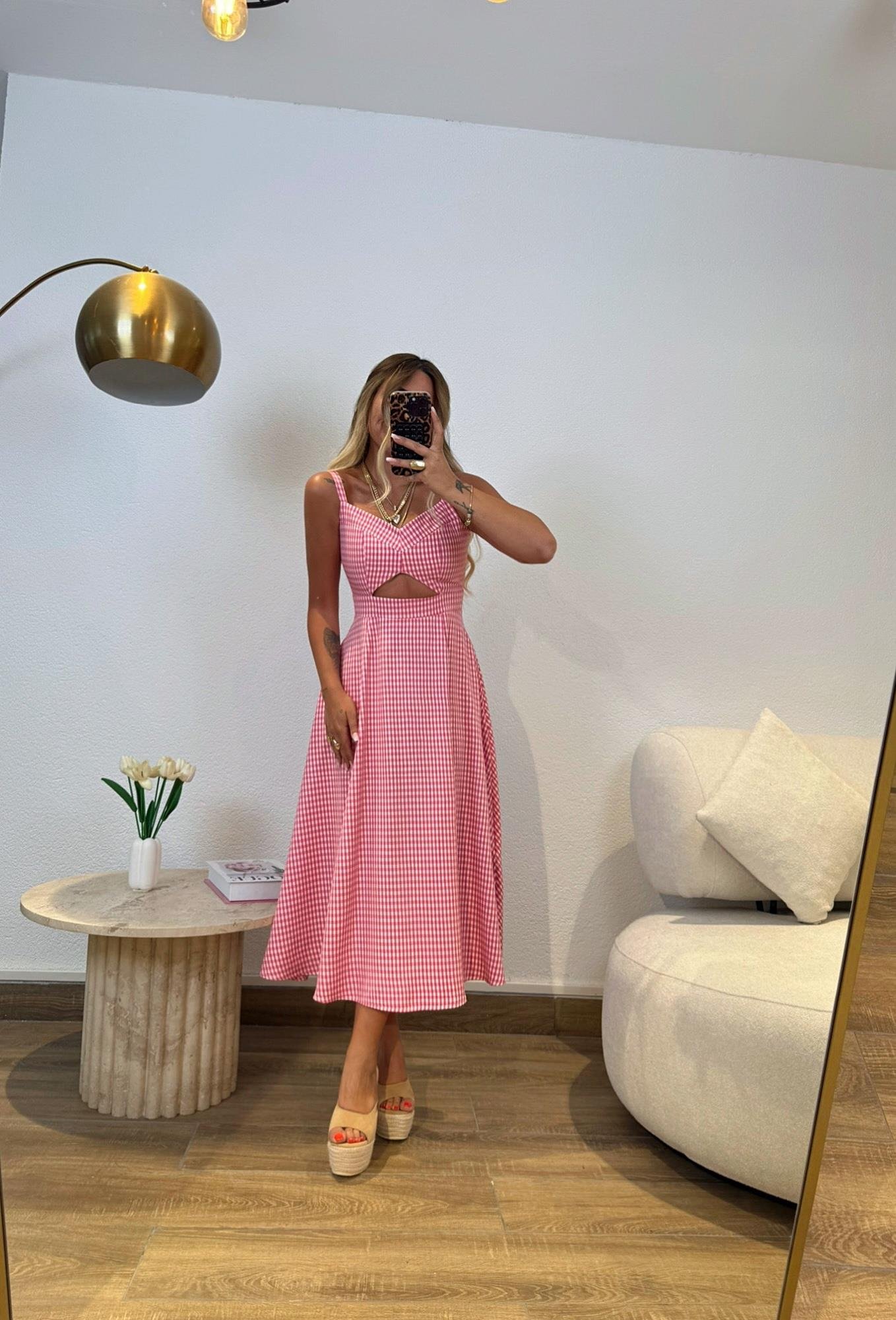 Premium Pembe Pötikare Midi Elbise