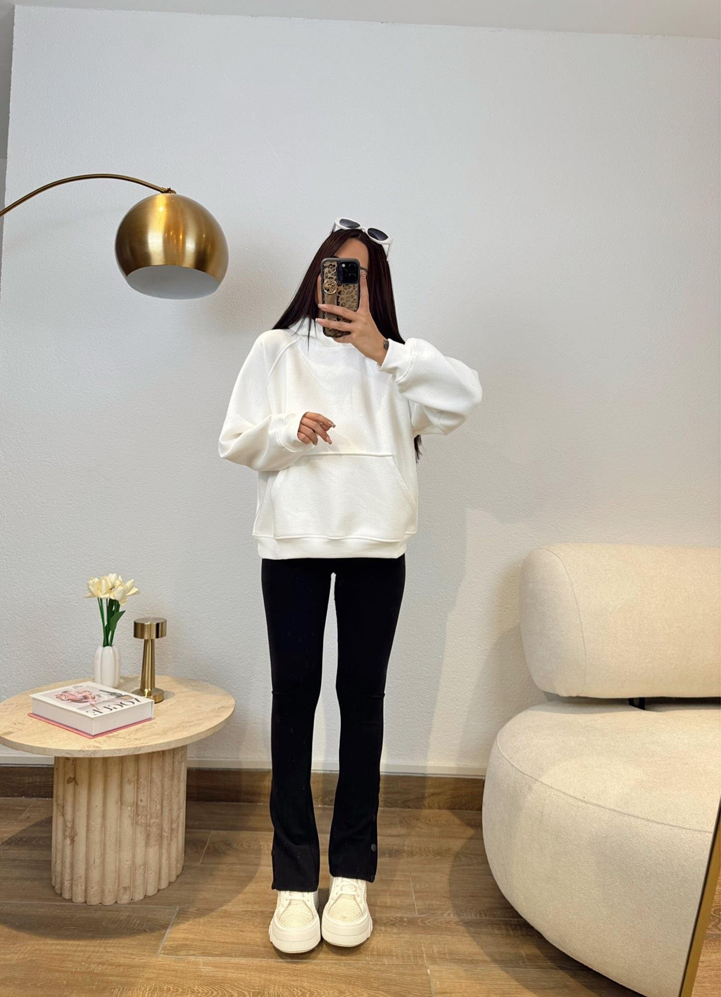Premium Şardonlu Simli Beyaz Sweatshirt