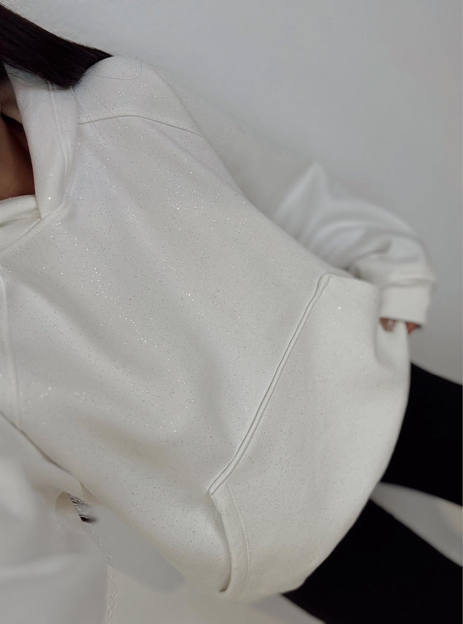 Premium Şardonlu Simli Beyaz Sweatshirt