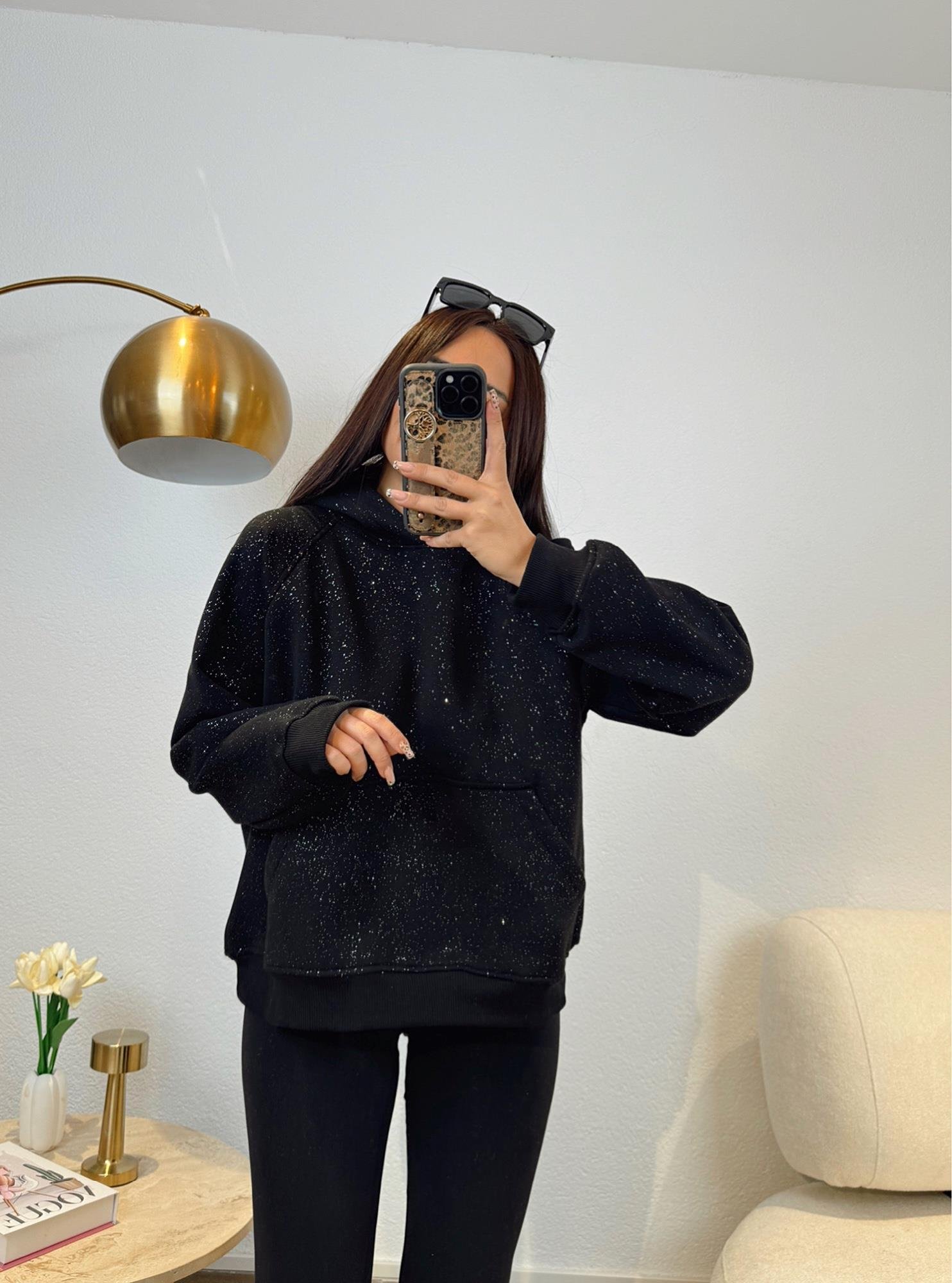 Premium Şardonlu Simli Siyah Sweatshirt