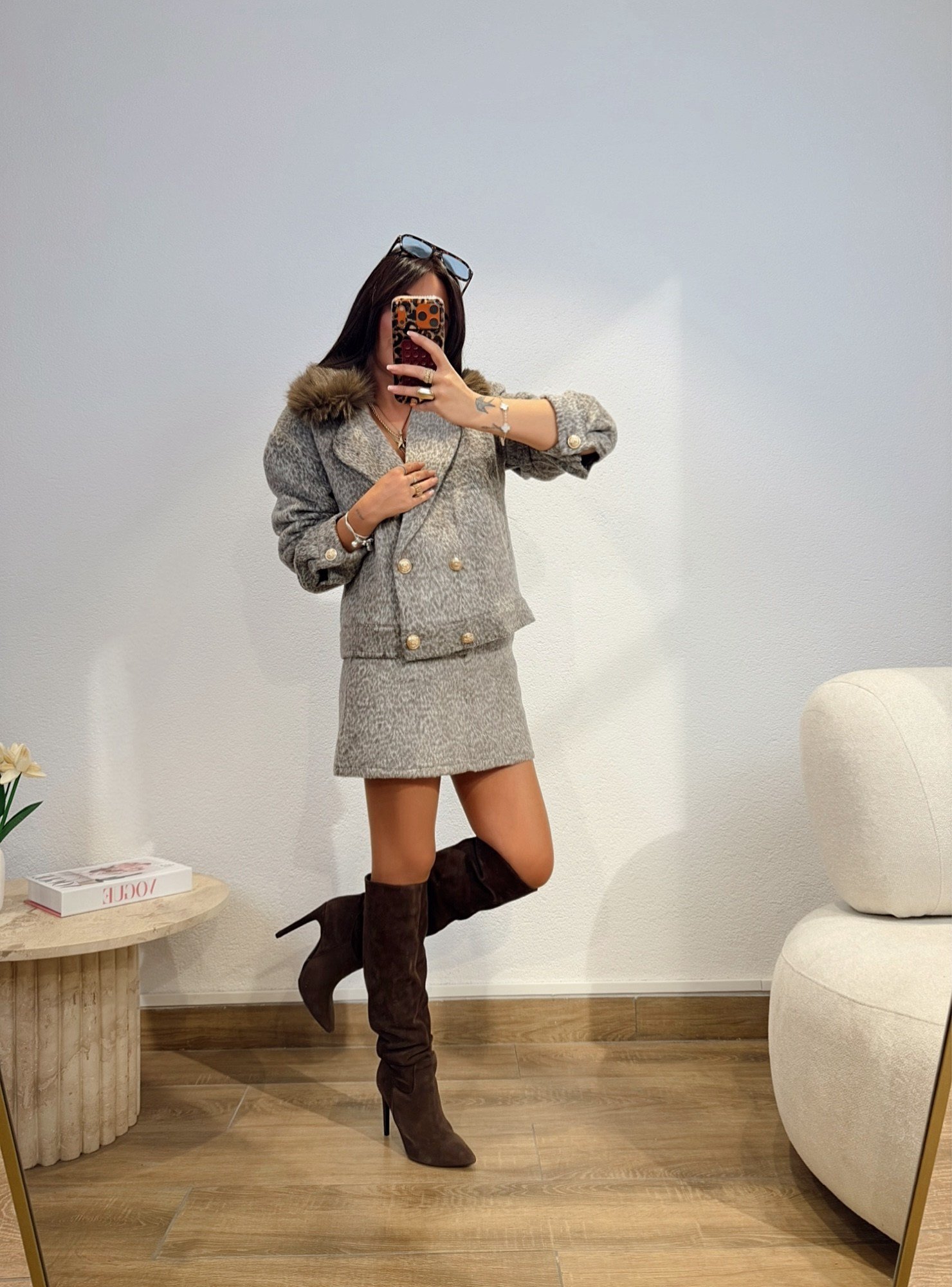 Premium Seri Kahve Kemerli Leopar Kaşe Etek