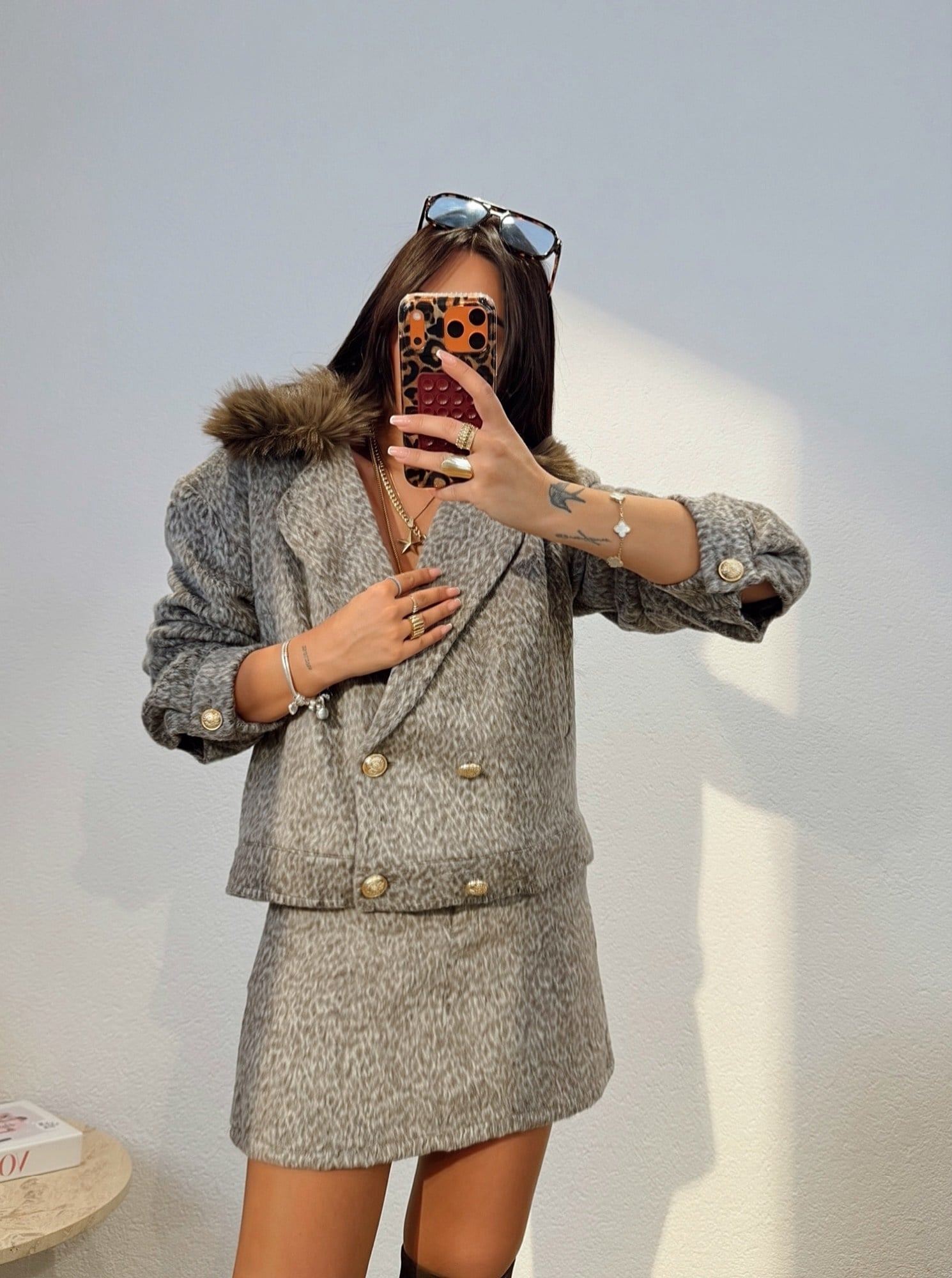 Premium Seri Kahve Kemerli Leopar Kaşe Etek