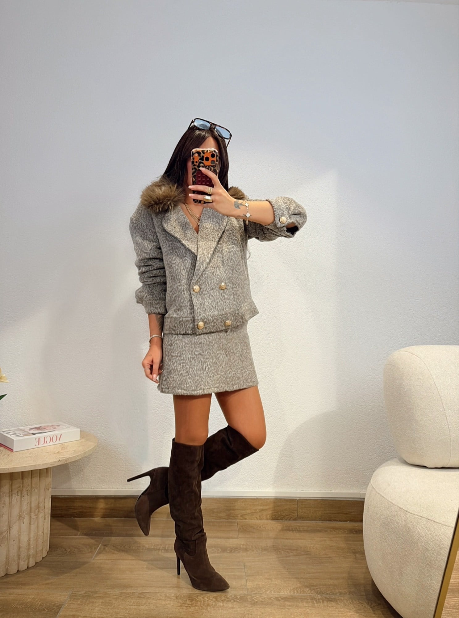 Premium Seri Kahve Kemerli Leopar Kaşe Etek