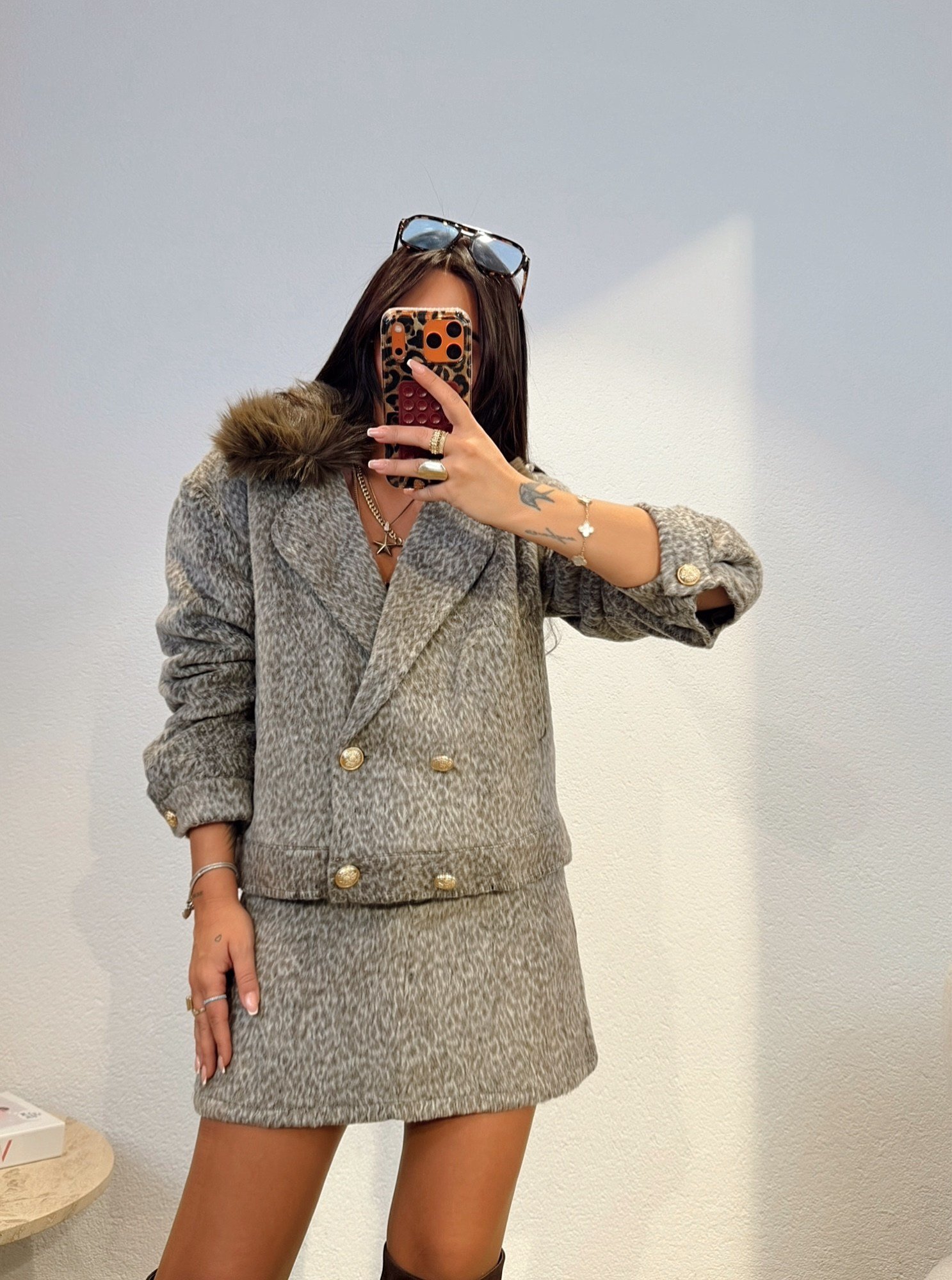 Premium Seri Kahve Kemerli Leopar Kaşe Etek