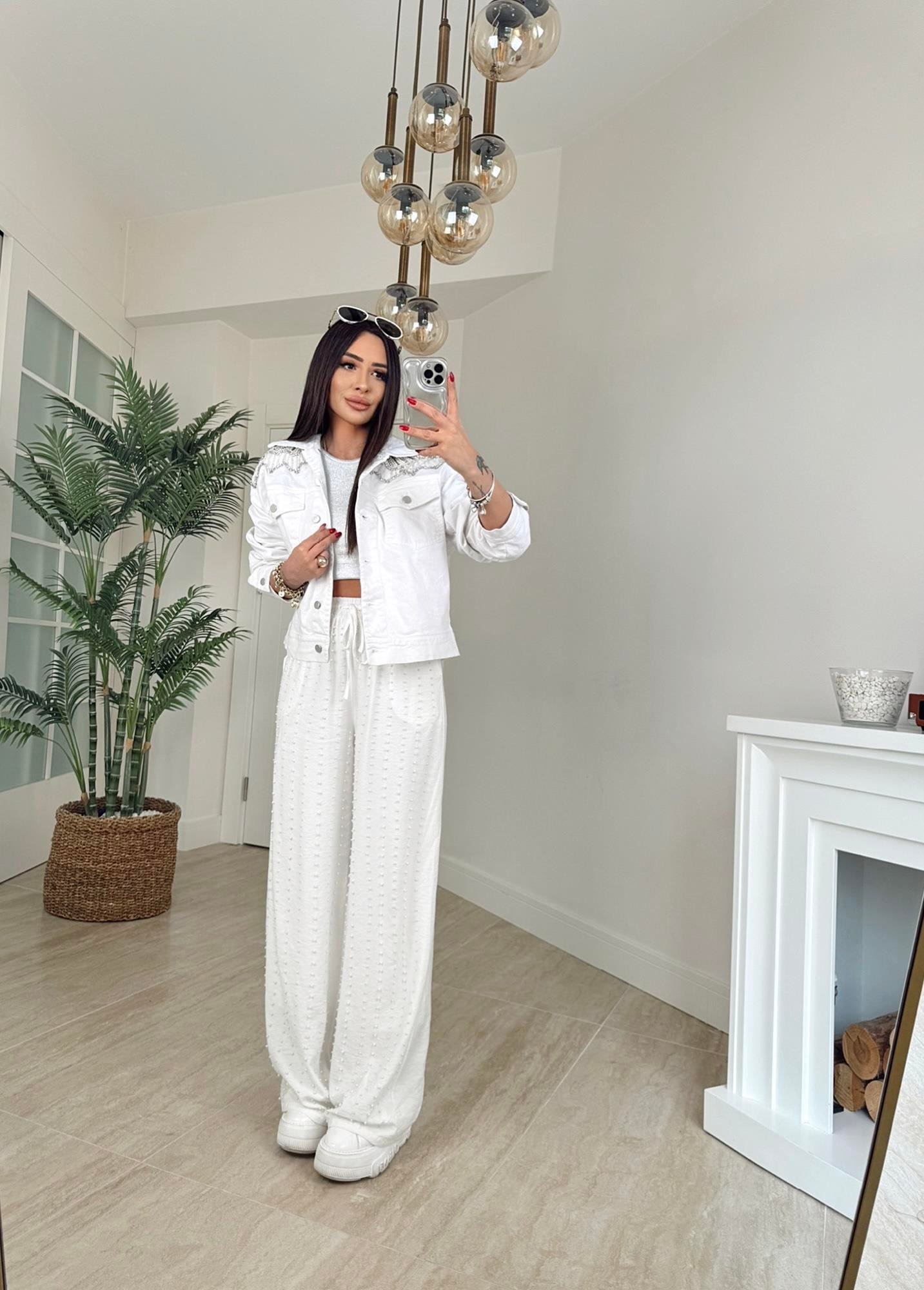 Premium Taşlı Beyaz Jean Ceket
