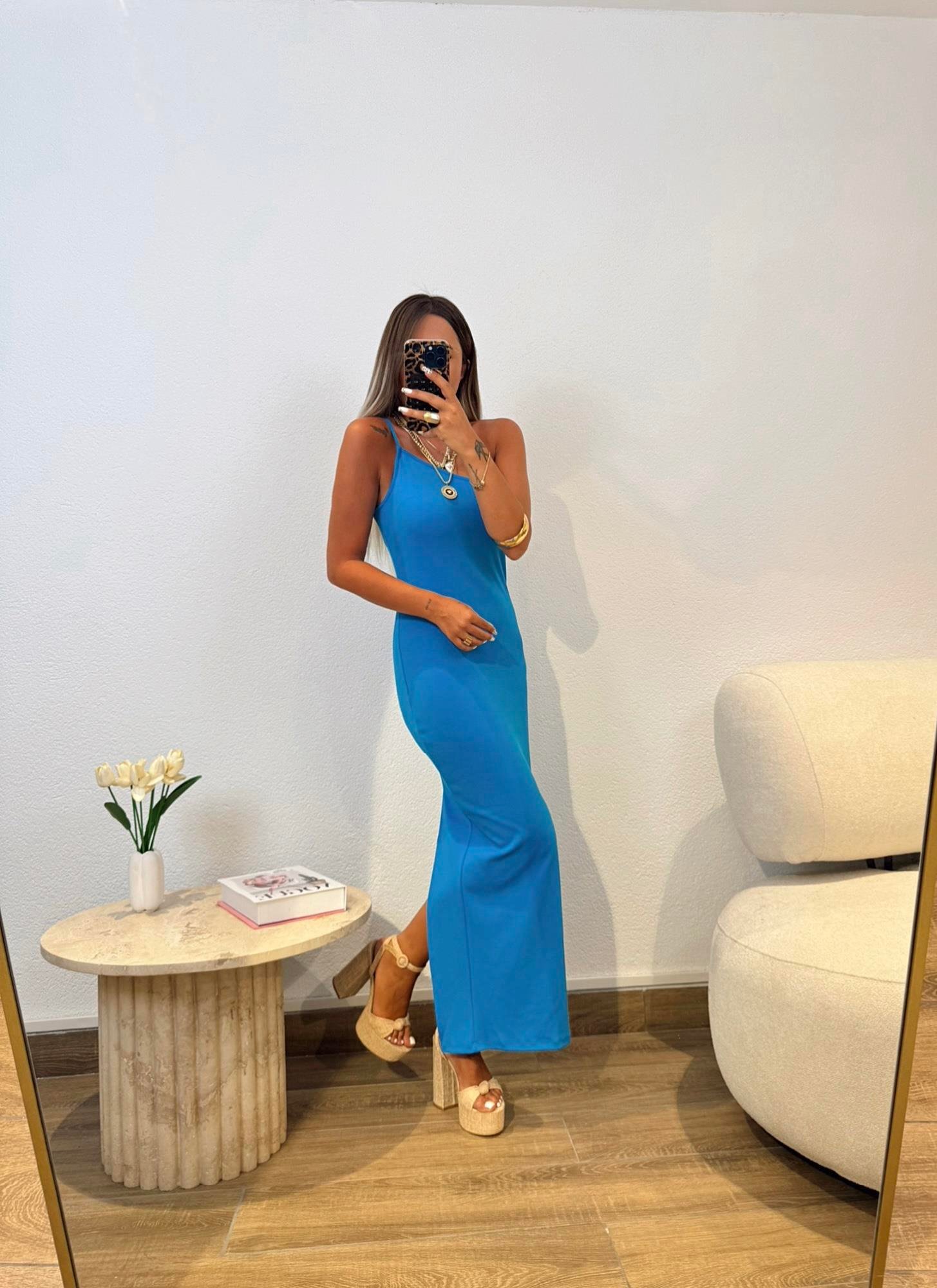 Premium Tek Omuz İp Askılı Mavi Midi Boy Elbise