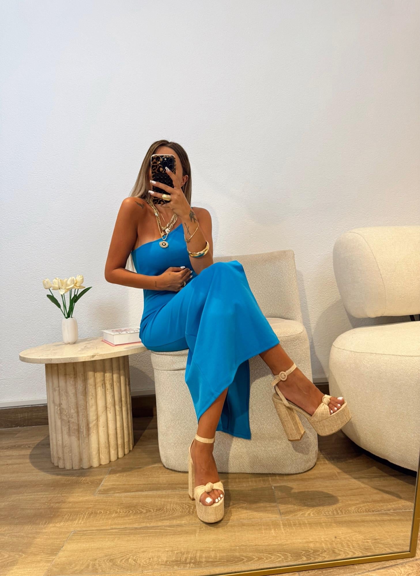 Premium Tek Omuz İp Askılı Mavi Midi Boy Elbise