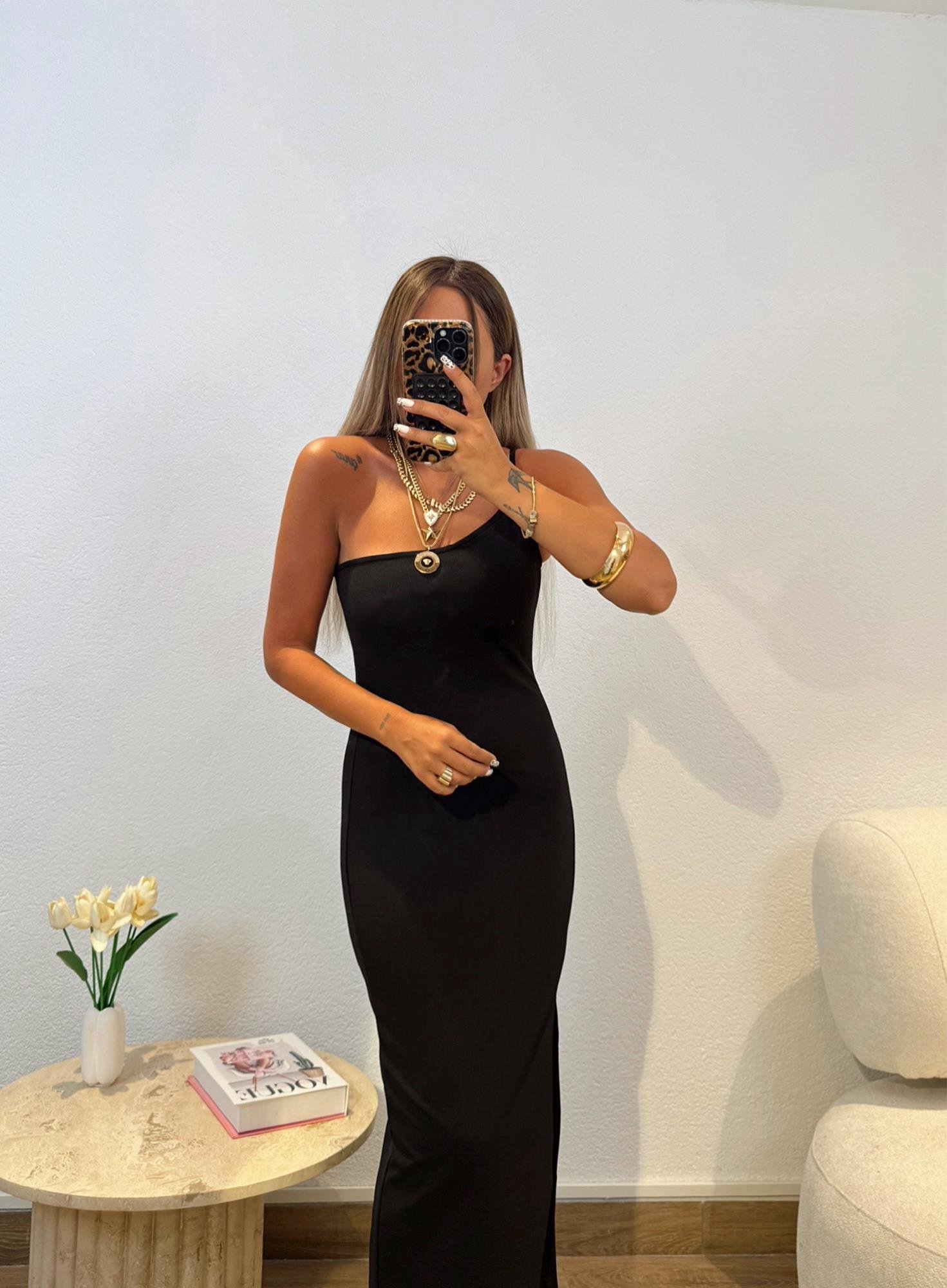 Premium Tek Omuz İp Askılı Siyah Midi Boy Elbise