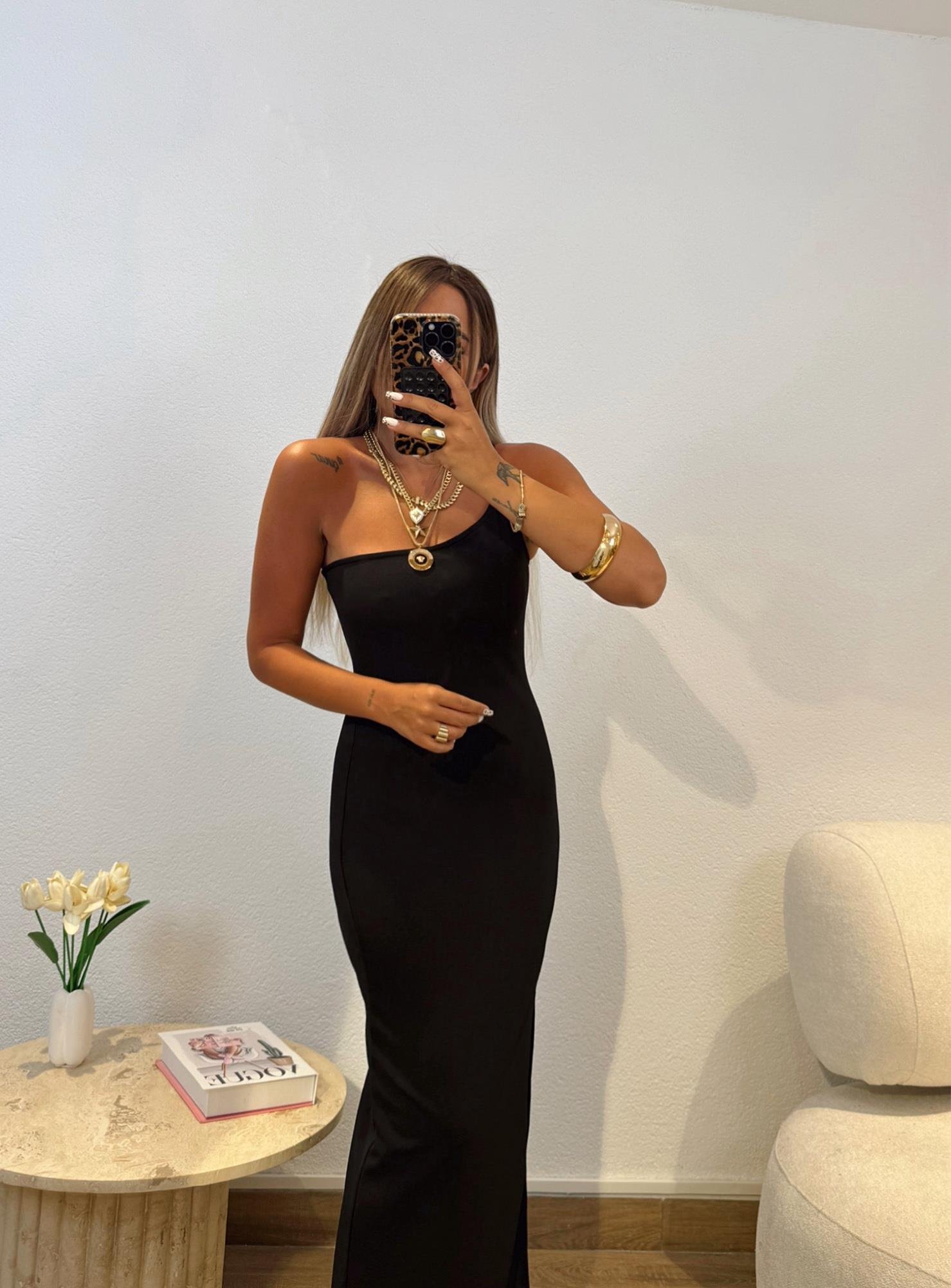 Premium Tek Omuz İp Askılı Siyah Midi Boy Elbise