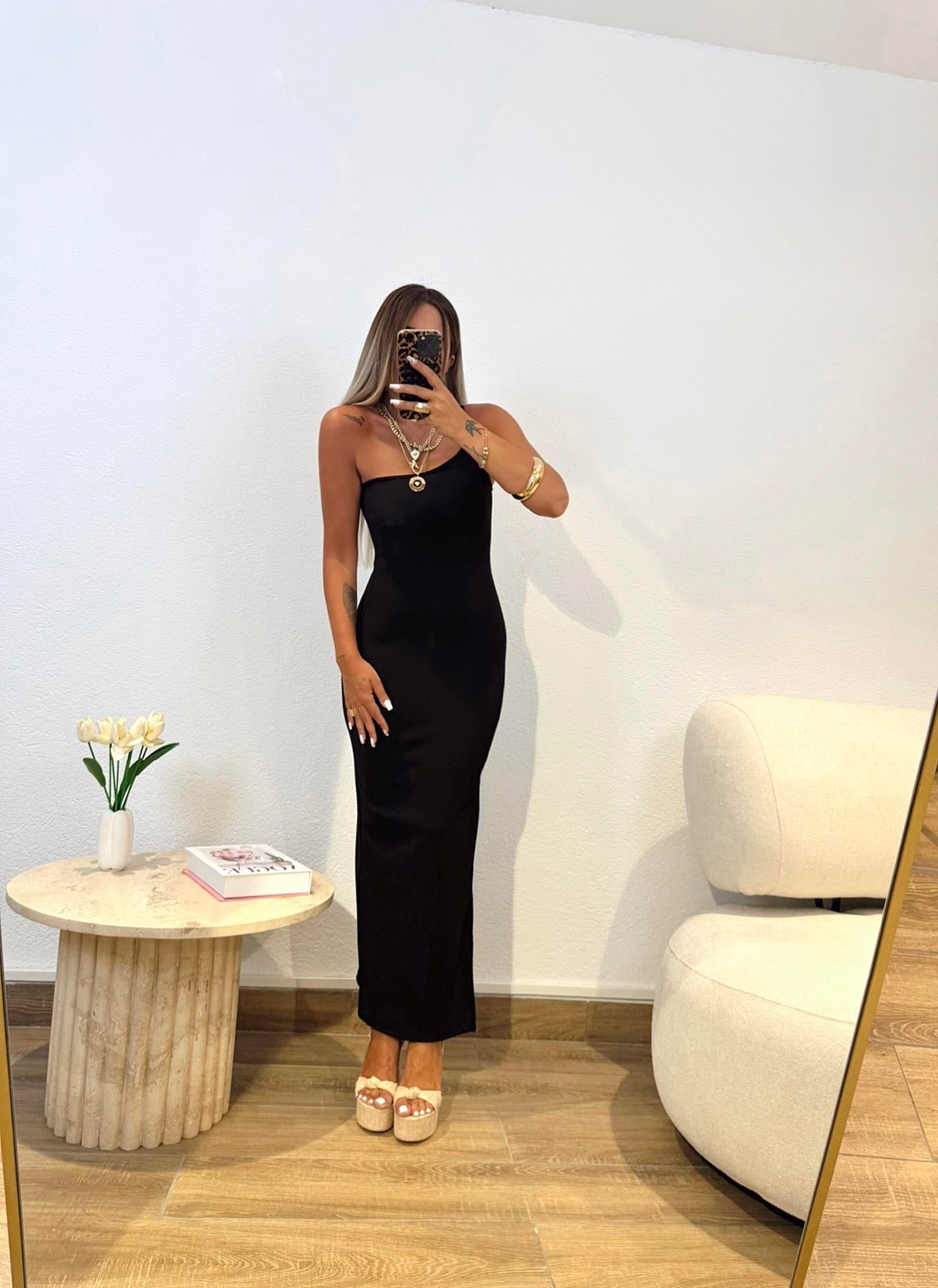 Premium Tek Omuz İp Askılı Siyah Midi Boy Elbise