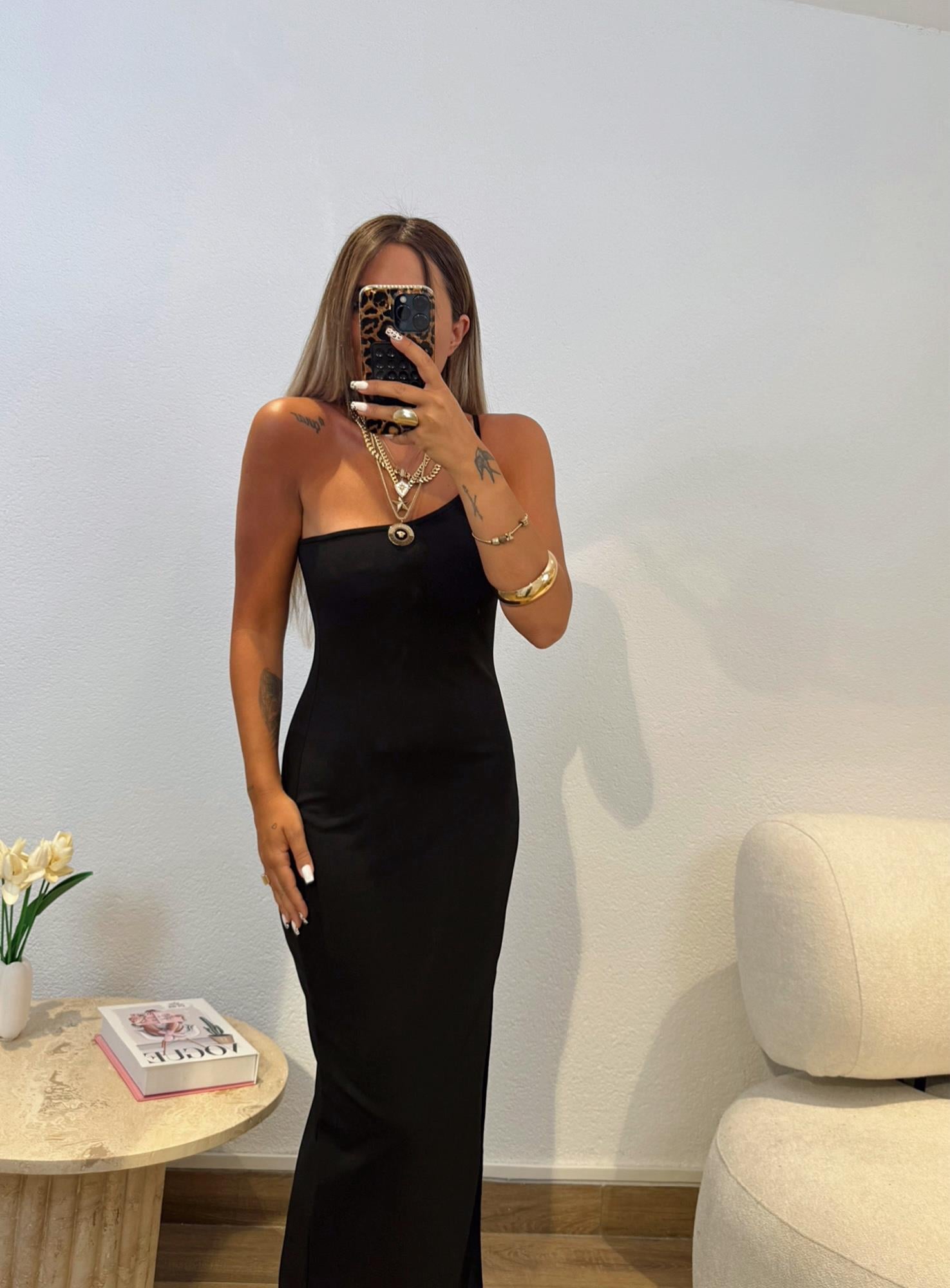 Premium Tek Omuz İp Askılı Siyah Midi Boy Elbise