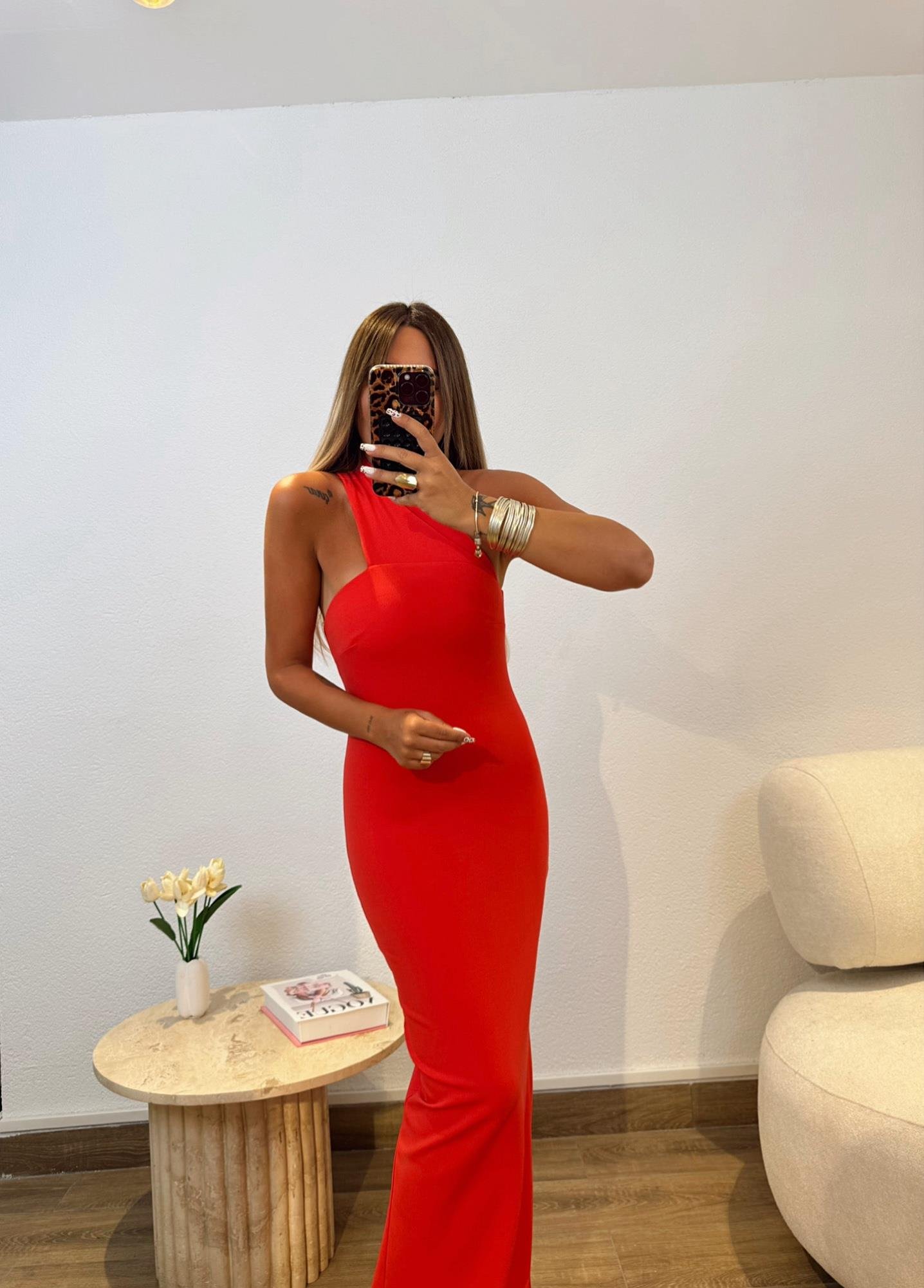 Premium Tek Omuz Kırmızı Kalem Elbise