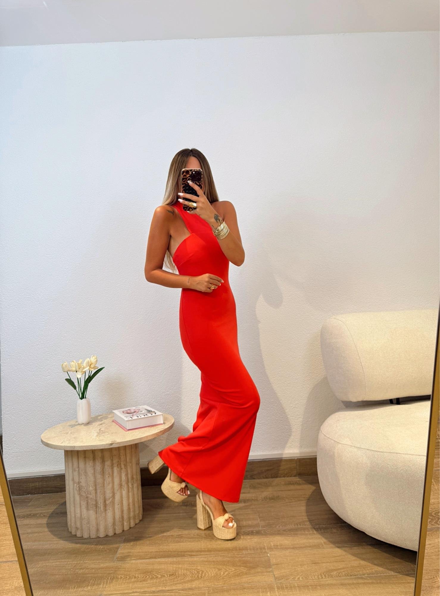 Premium Tek Omuz Kırmızı Kalem Elbise