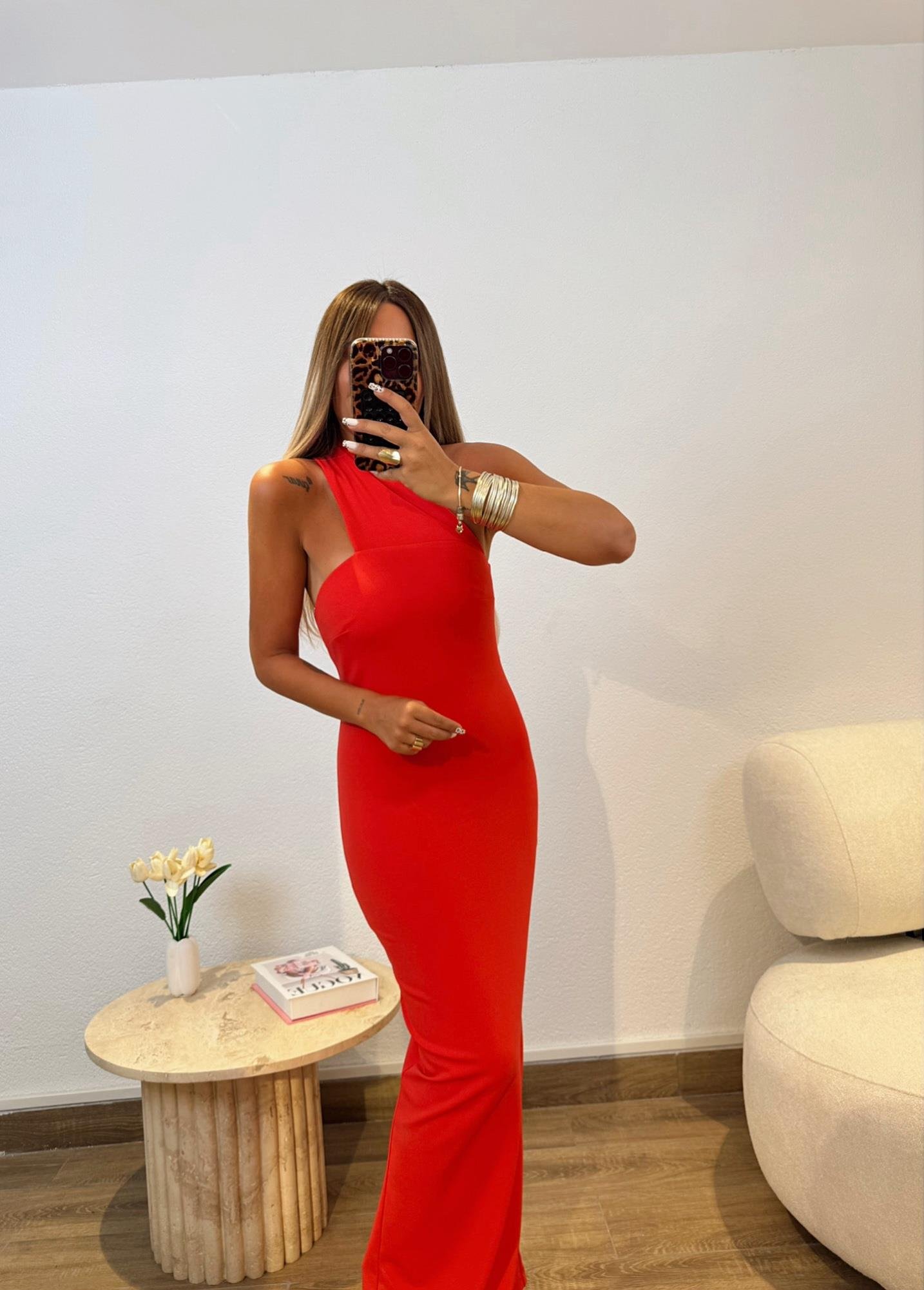 Premium Tek Omuz Kırmızı Kalem Elbise