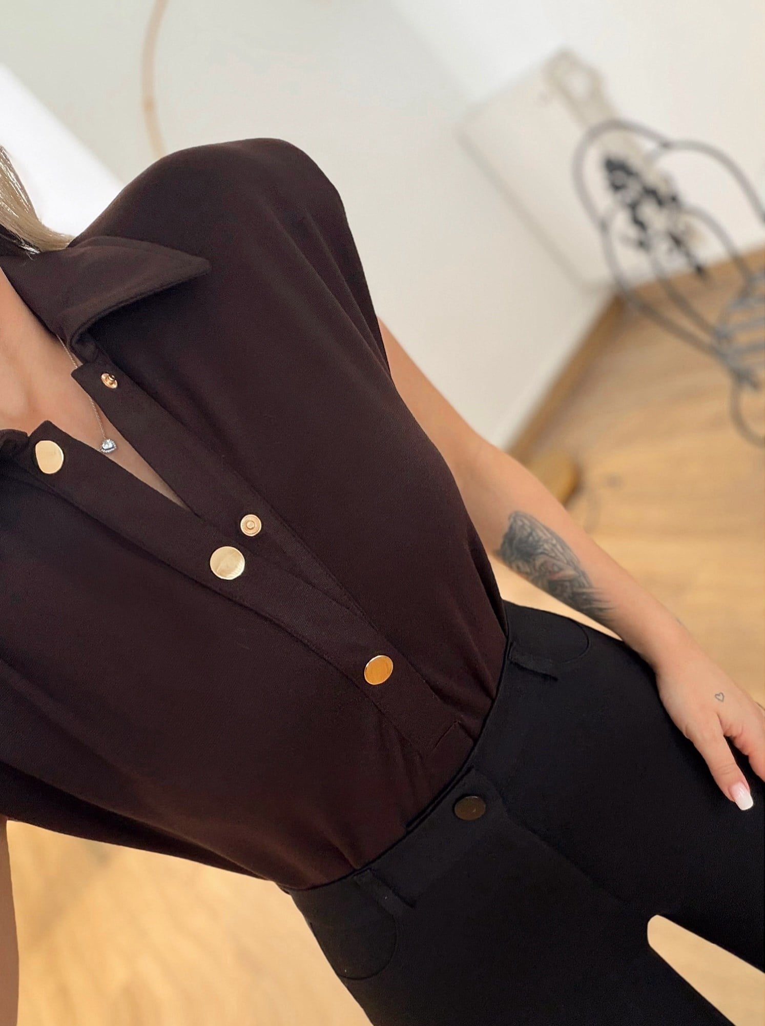 Premium Vatkalı Polo Yaka Kahve Bodysuit