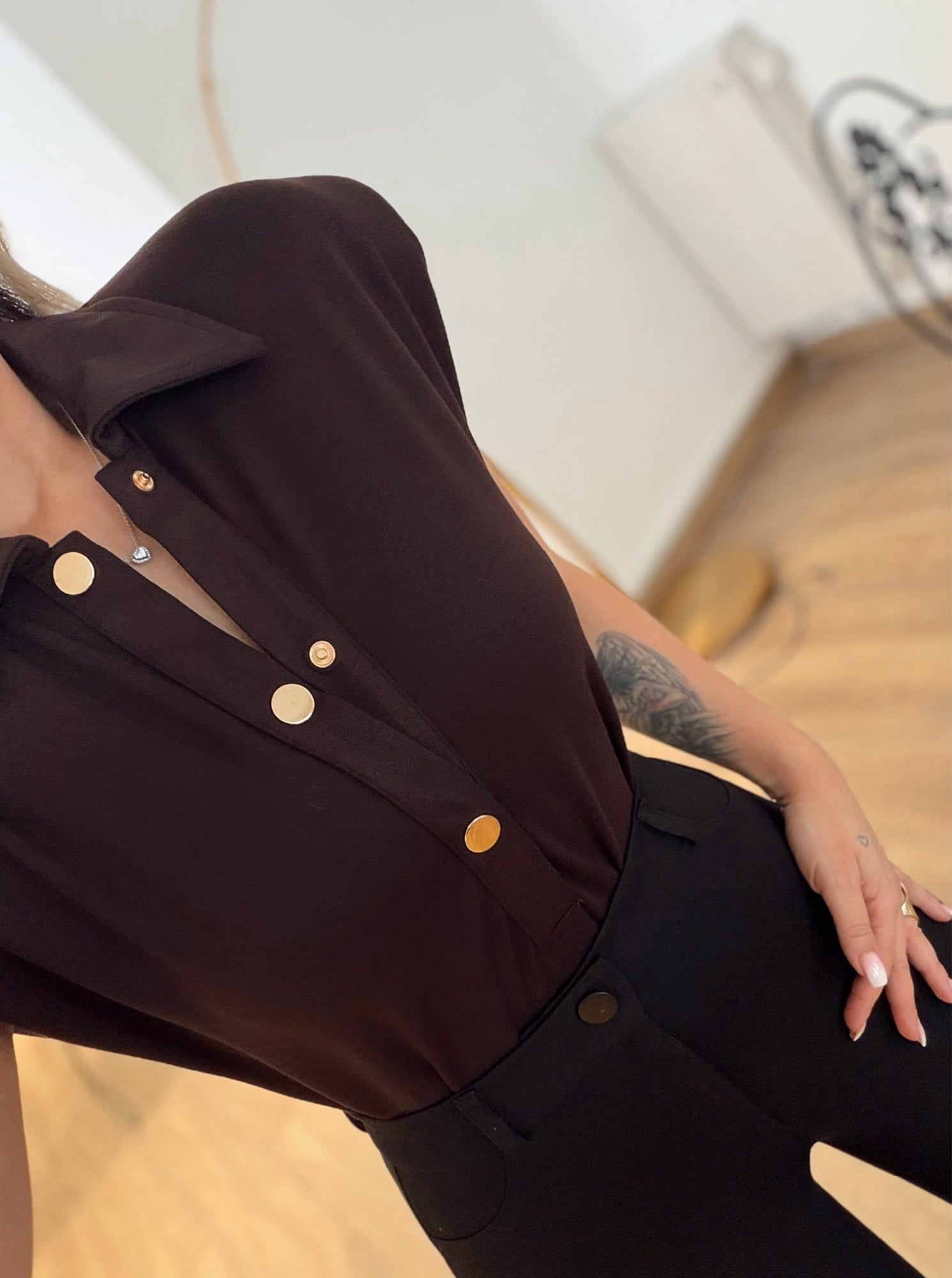 Premium Vatkalı Polo Yaka Kahve Bodysuit